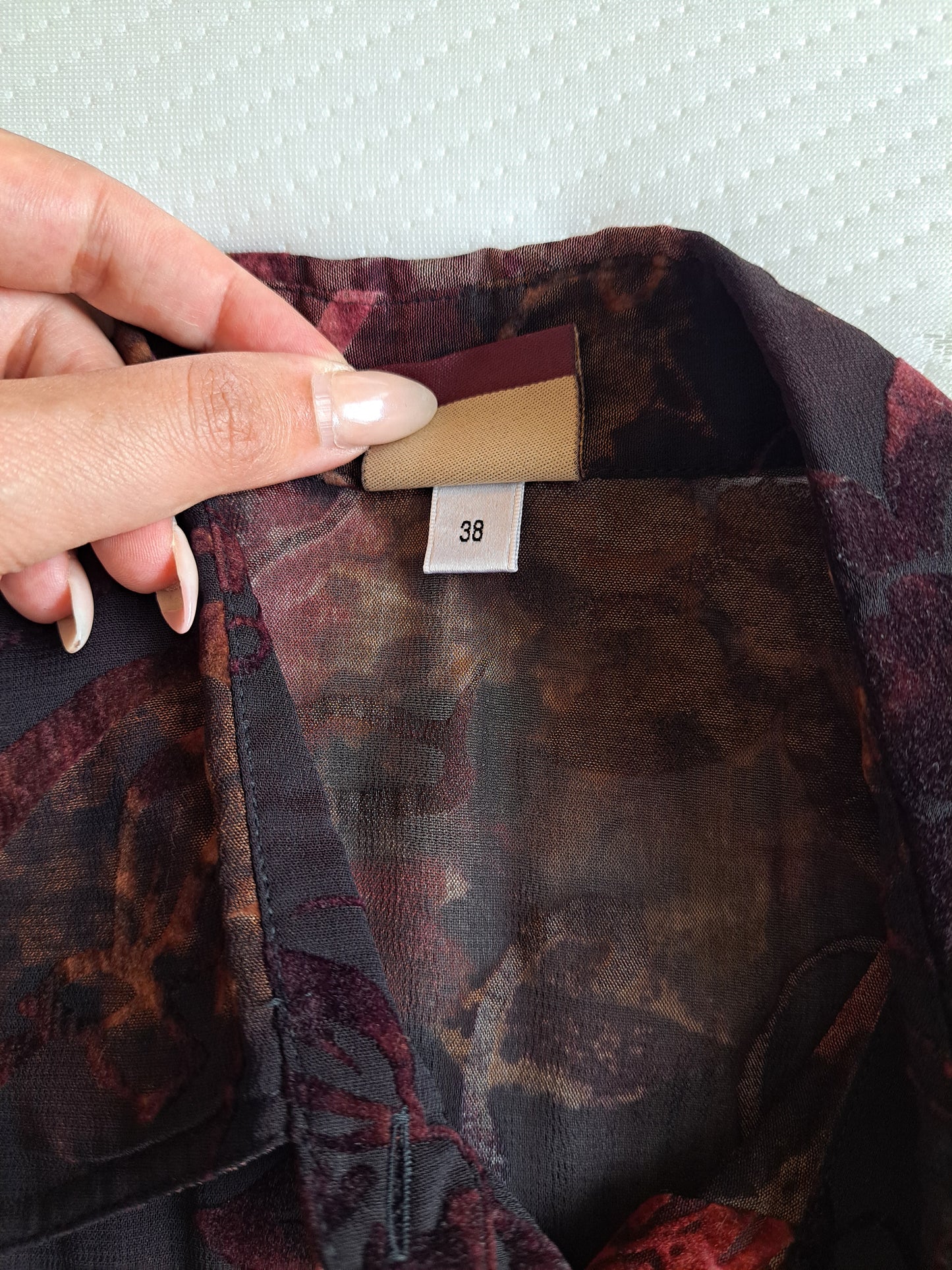 Sheer Floral Blouse Size 38 Black Burgundy Button-Up Shirt Romantic Top