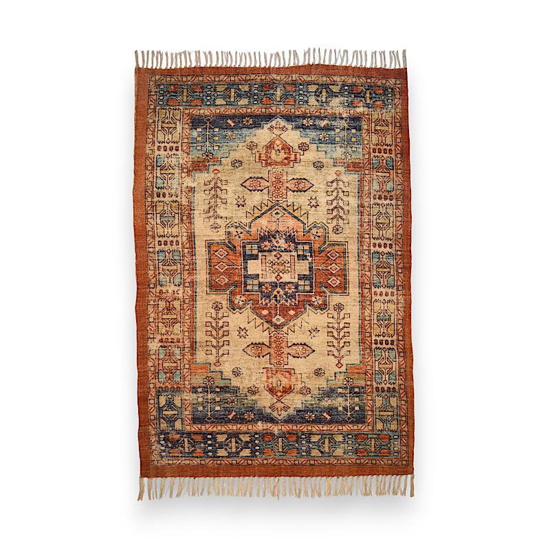 Decorative rug with intricate patterns on a white background
