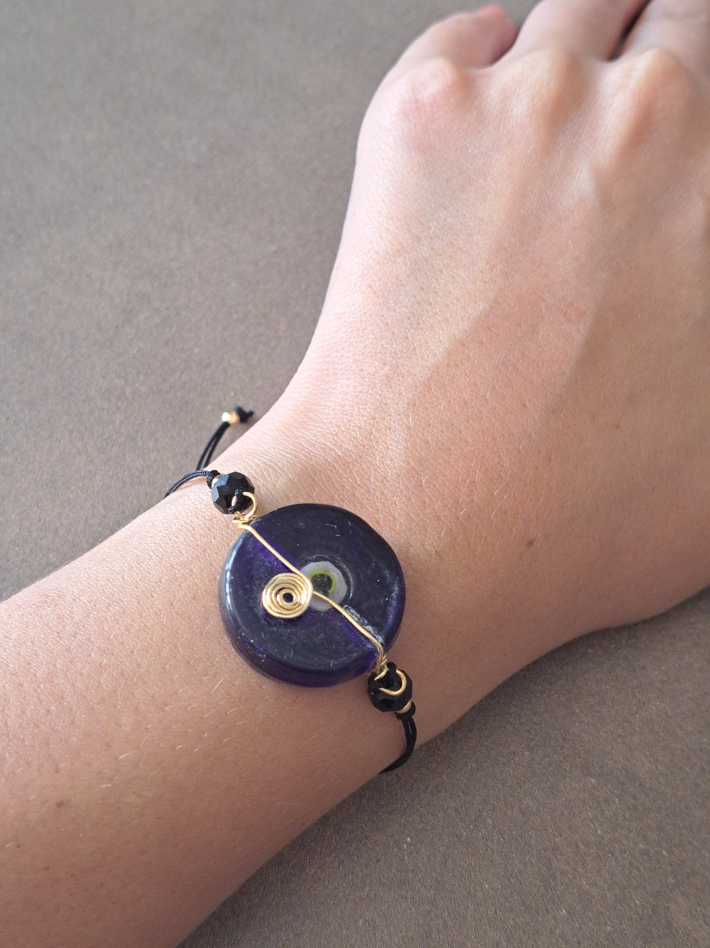 Adjustable Black Cord Bracelet Blue Disc Bead Bracelet Minimalist Evil Eye