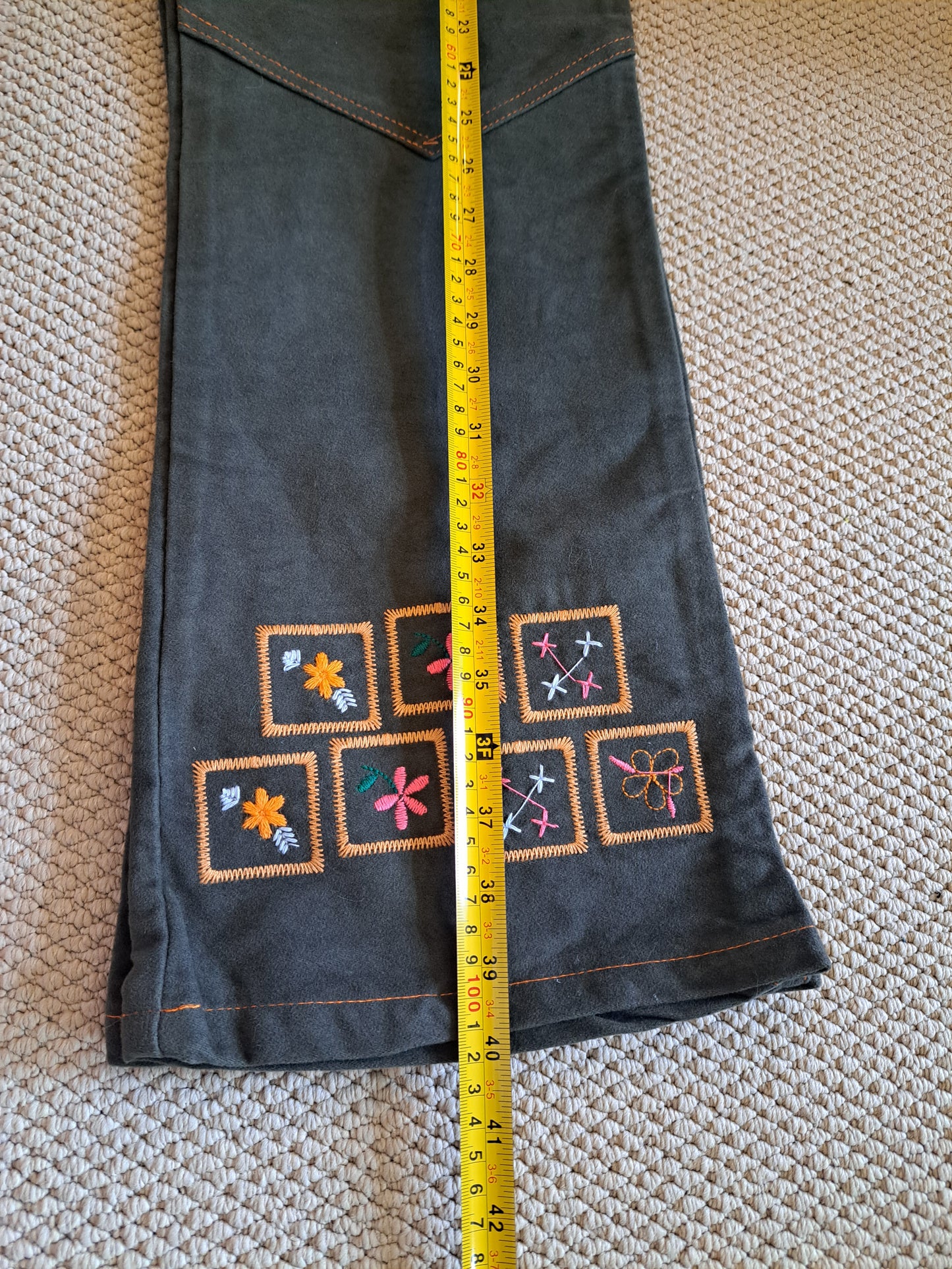 Y2K Green Embroidered Flared Trousers Made in Italy Boho Festival Pants