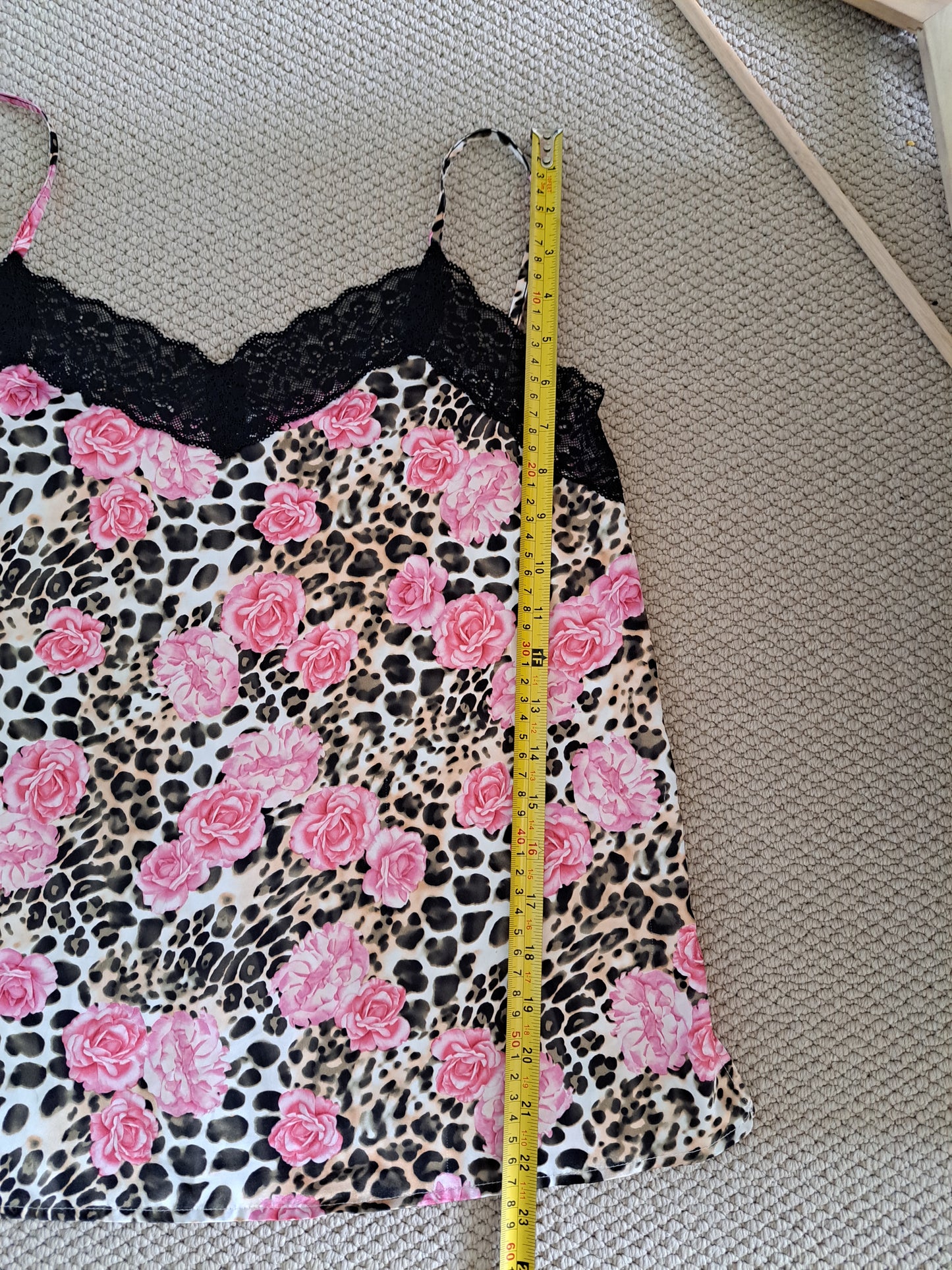 Tezenis Floral Leopard Print Cami Top Pink Lace Trim Satin Style Vest