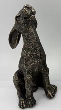 Moongazing hare aged gold resin sculpture sitting upright and looking upward with textured finish