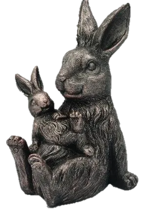 Rabbit pair bronze effect resin sculpture featuring large rabbit holding a baby rabbit with detailed texture