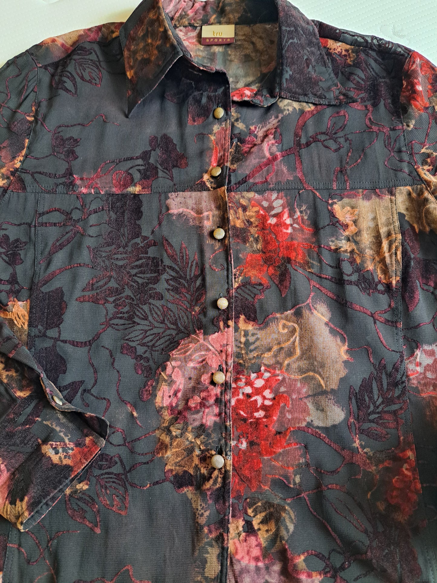 Sheer Floral Blouse Size 38 Black Burgundy Button-Up Shirt Romantic Top
