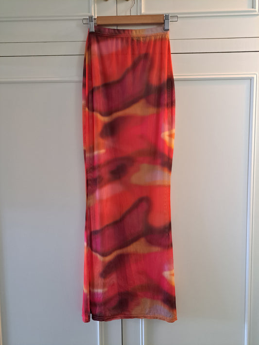 Mesh Maxi Skirt Abstract Print Pink Orange Size 6