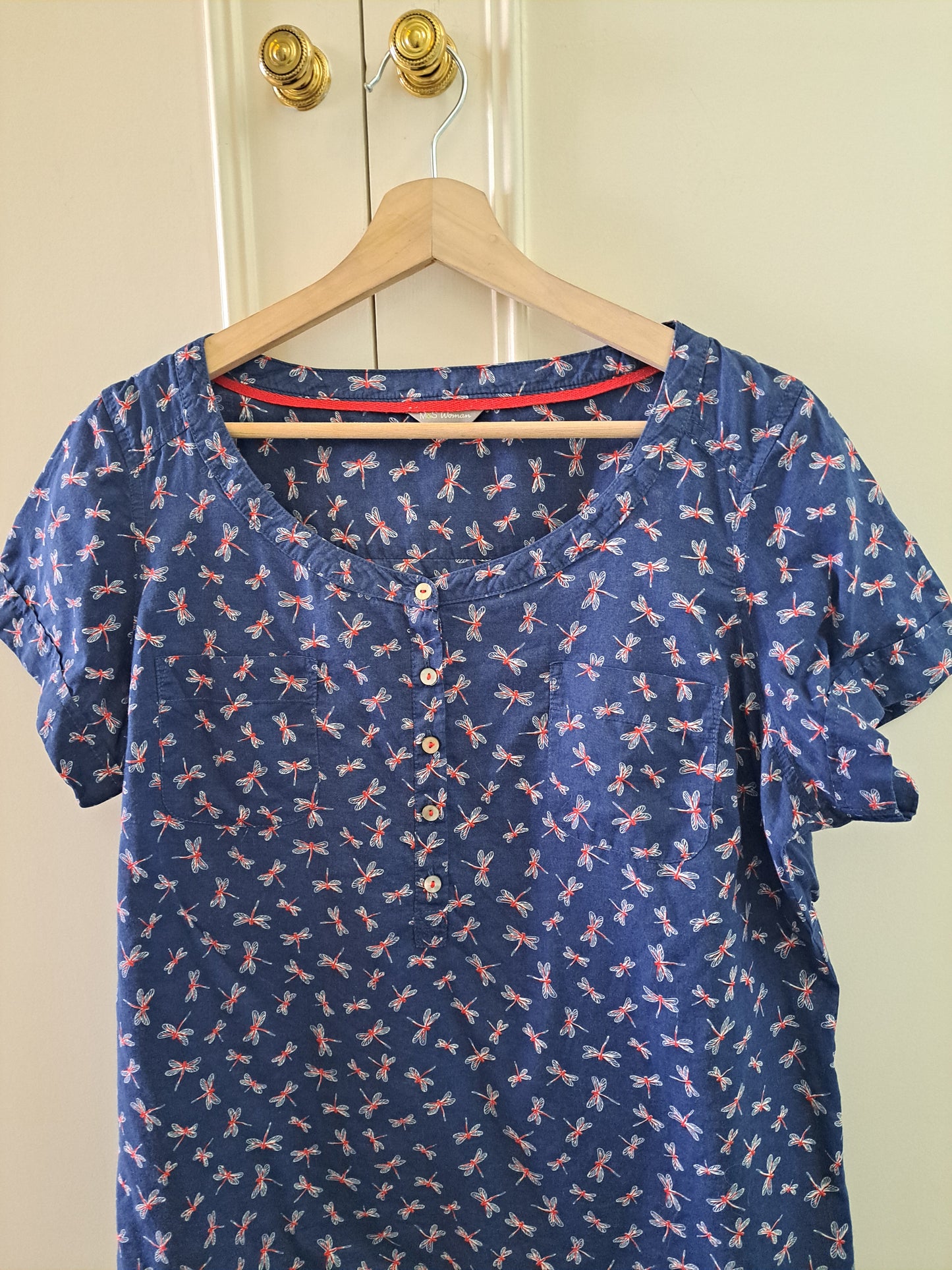 M&S Woman Dragonfly Print Blouse Size 16 Navy Short Sleeve Top