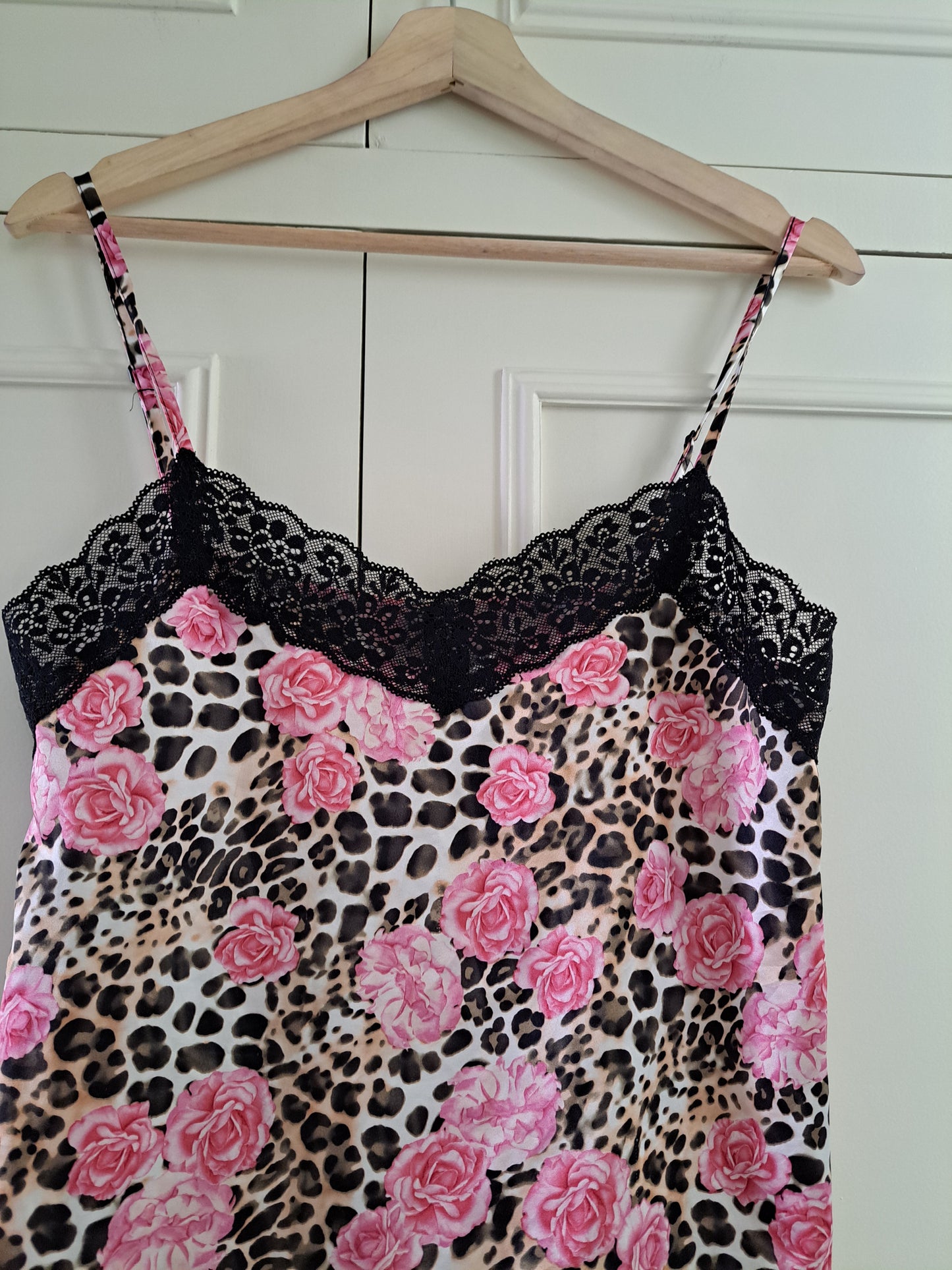 Tezenis Floral Leopard Print Cami Top Pink Lace Trim Satin Style Vest