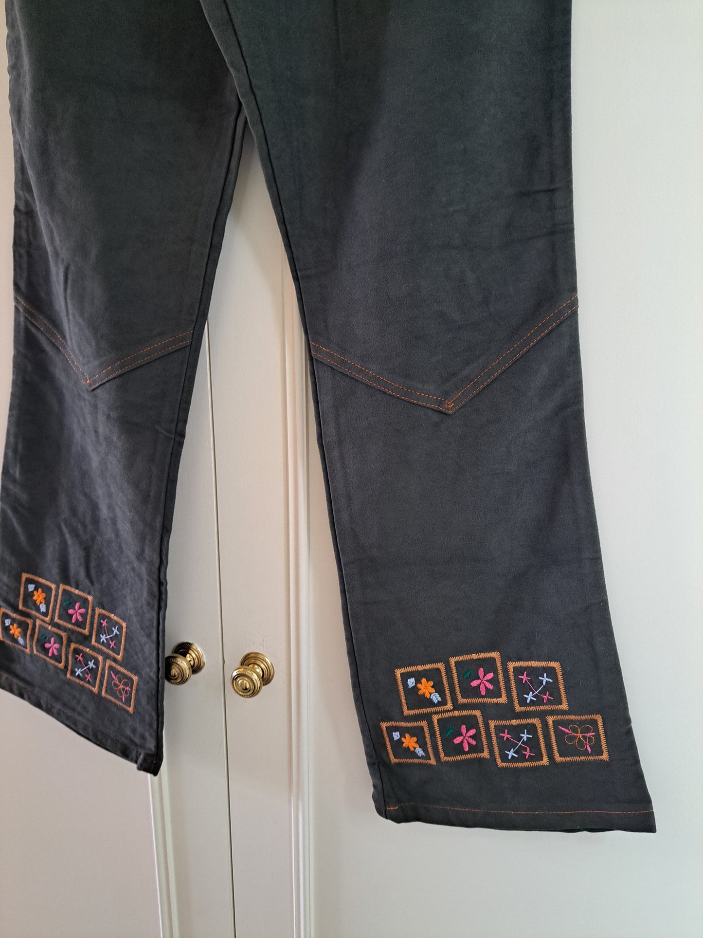Y2K Green Embroidered Flared Trousers Made in Italy Boho Festival Pants