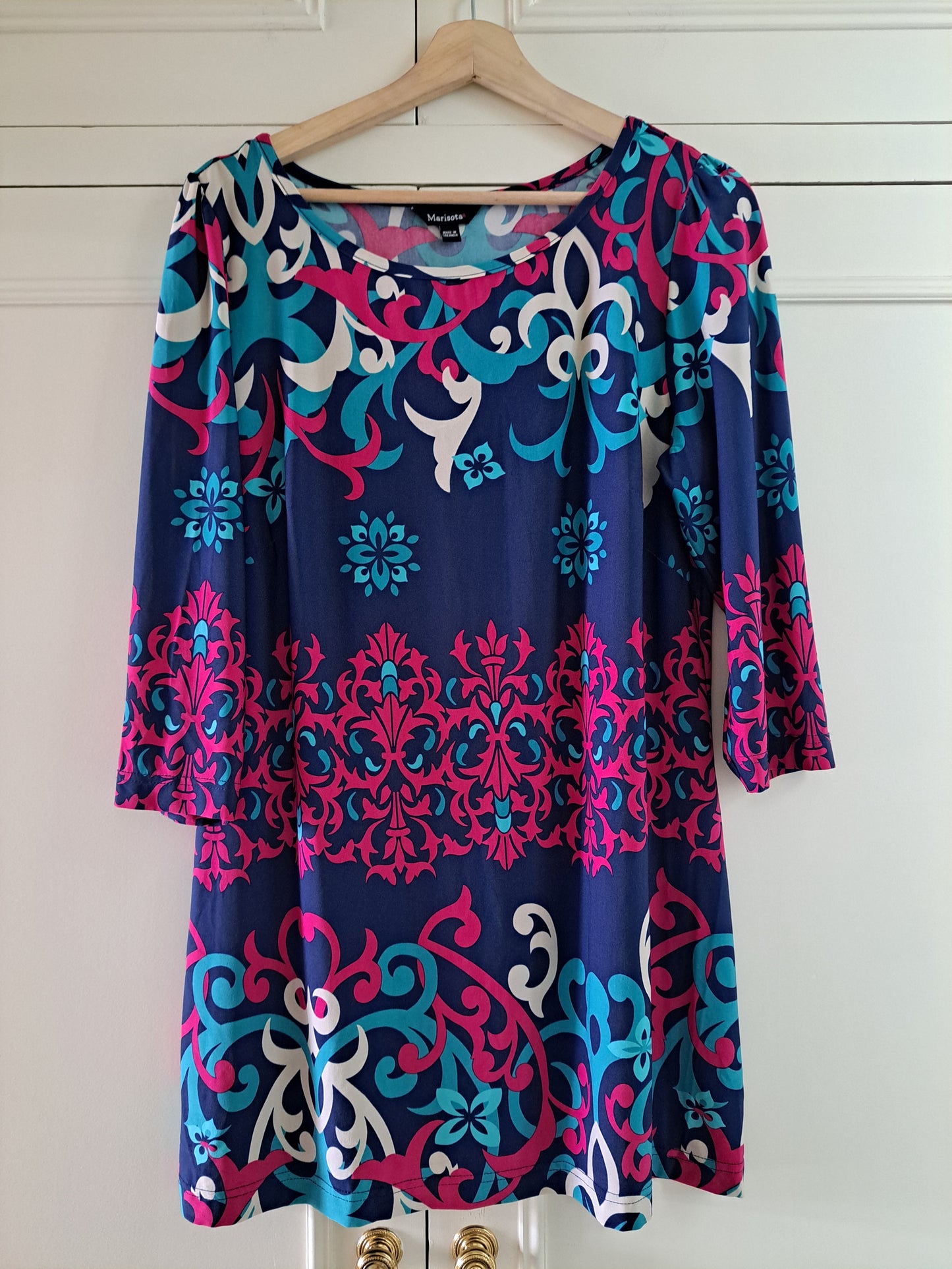 Marisota Multi Print Dress Size 16 Blue Pink Paisley Tunic Stretch Dress