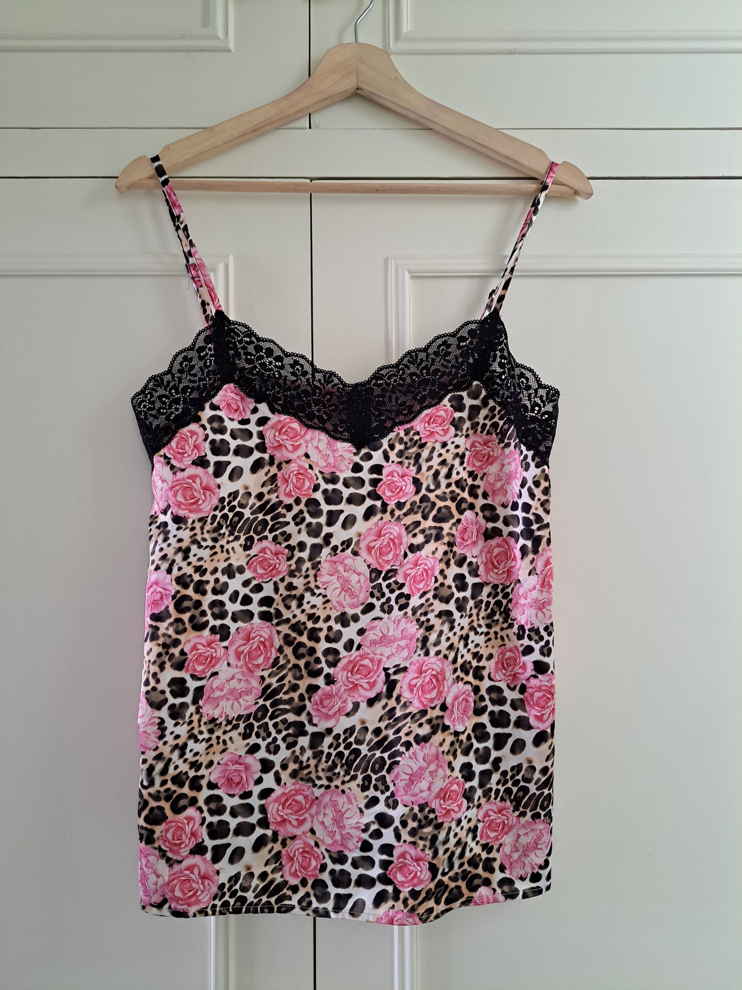 Tezenis Floral Leopard Print Cami Top Pink Lace Trim Satin Style Vest