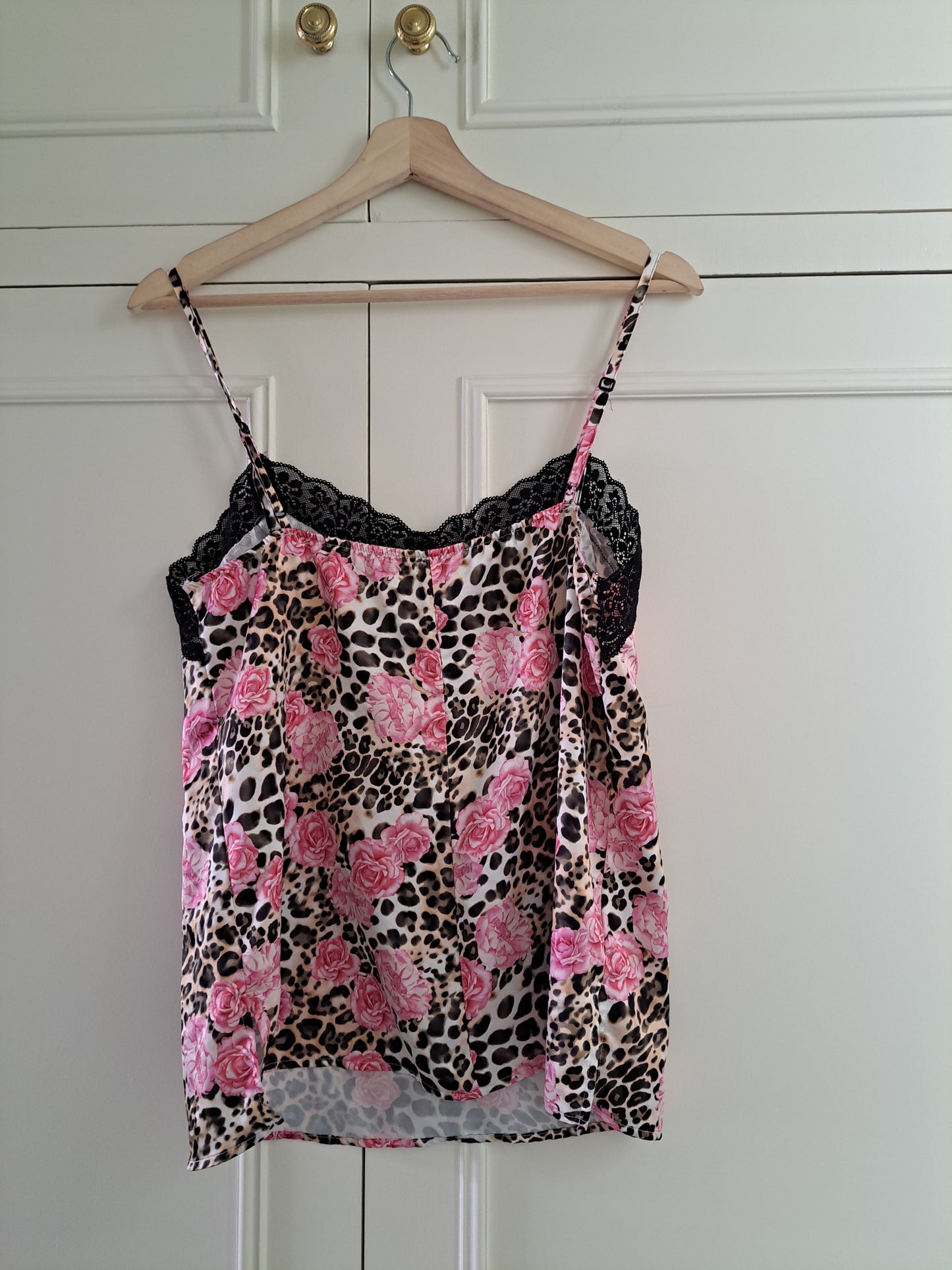 Tezenis Floral Leopard Print Cami Top Pink Lace Trim Satin Style Vest