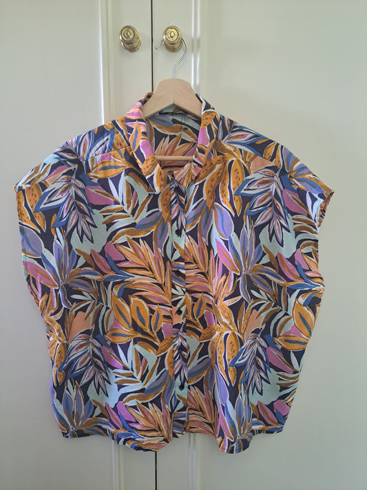 Women’s Tropical Leaf Print Button Up Blouse UK 20 Oversized Relaxed Summer Top