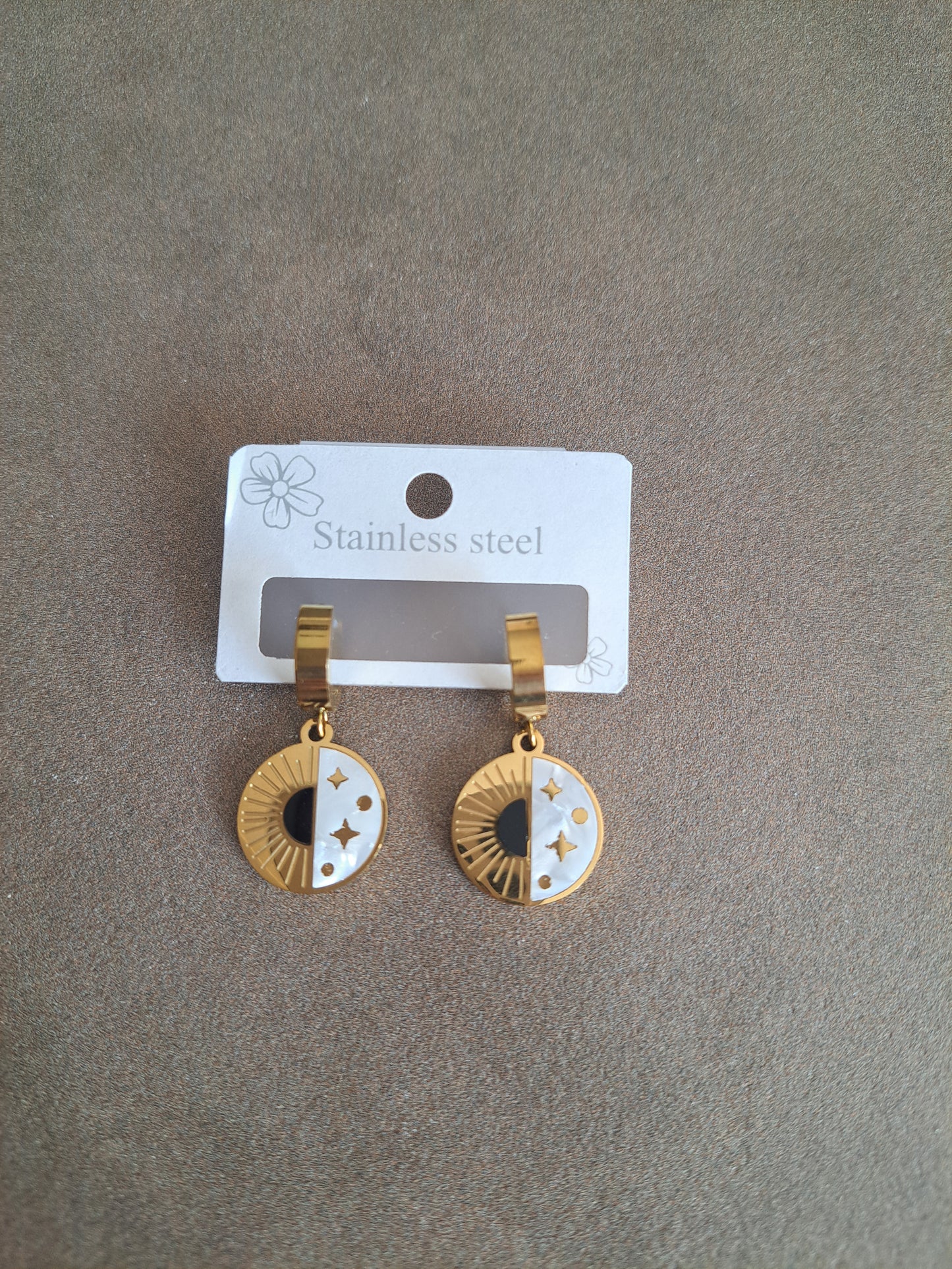 Sun & Moon Drop Hoop Earrings Gold Tone Celestial Earrings White Enamel Dang