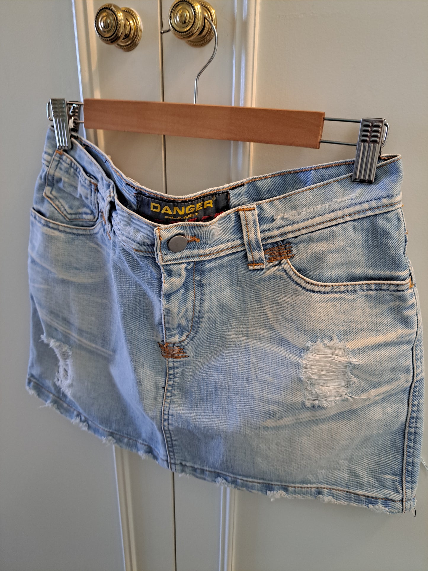 Y2K Distressed Denim Mini Skirt Size 30/44 Light Wash Patchwork Mini Skirt