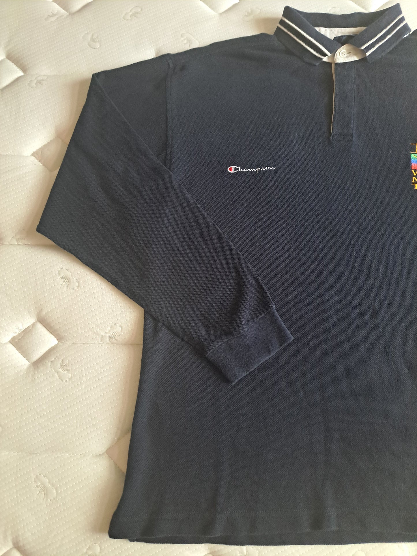 Champion Vintage Style Long Sleeve Polo Shirt Navy Size XL