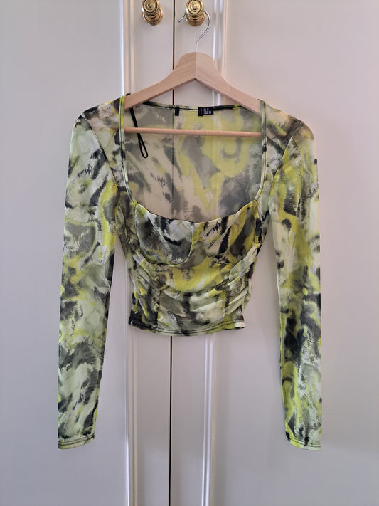 Green Mesh Ruched Long Sleeve Crop Top Size 8