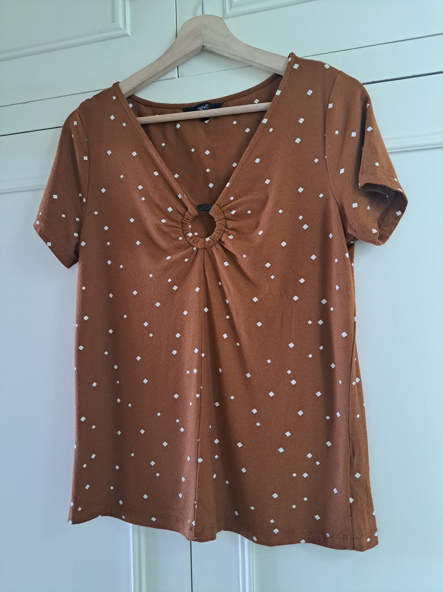 Next Brown Polka Dot Top Size 10 Ruched Ring Detail V-Neck