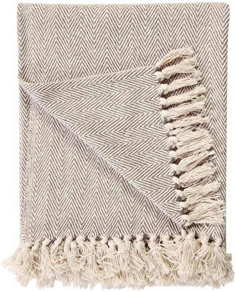 Beige Herringbone Wool Throw Blanket – Large Soft Fringed Sofa & Bed Throw 230x255cm