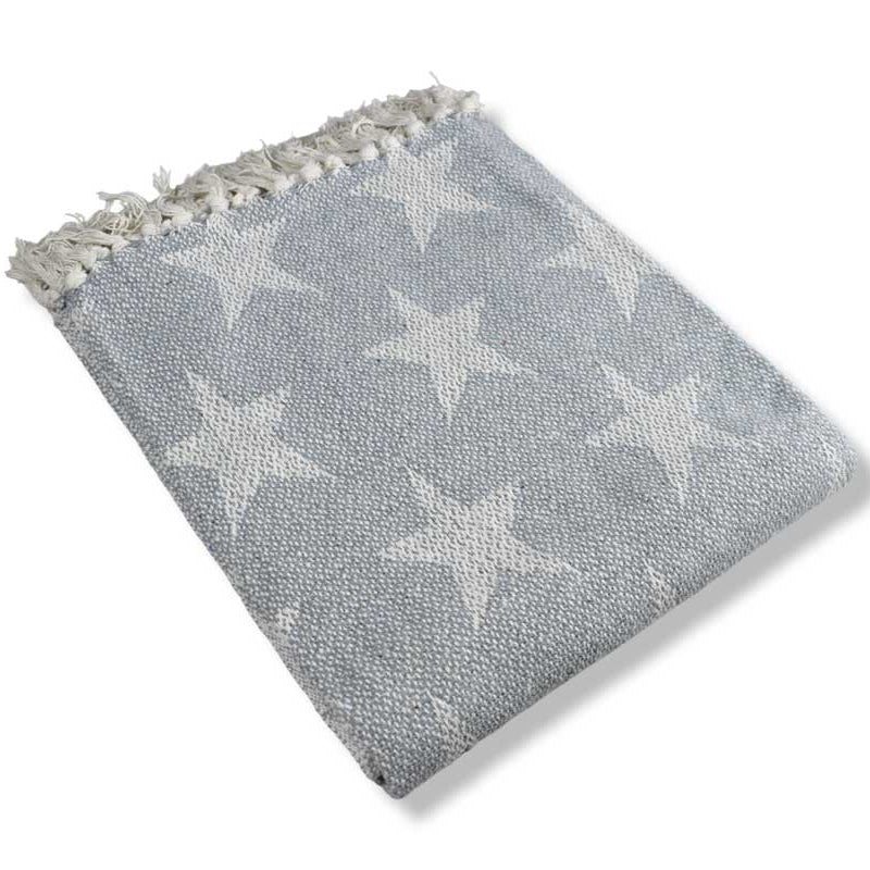 Grey Star Reversible Cotton Throw Blanket – Soft Woven Sofa & Bed Throw 130x150cm