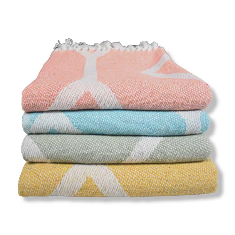 Stack of four colorful baby blankets with geometric patterns on a white background
