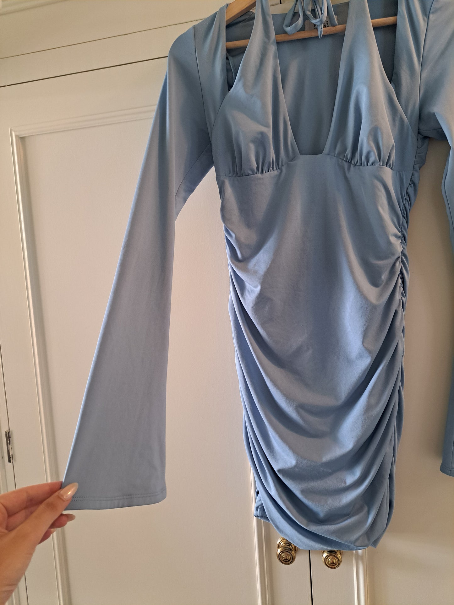 Oh Polly Blue Ruched Bodycon Midi Dress UK 10 Cut Out Occasion Dress