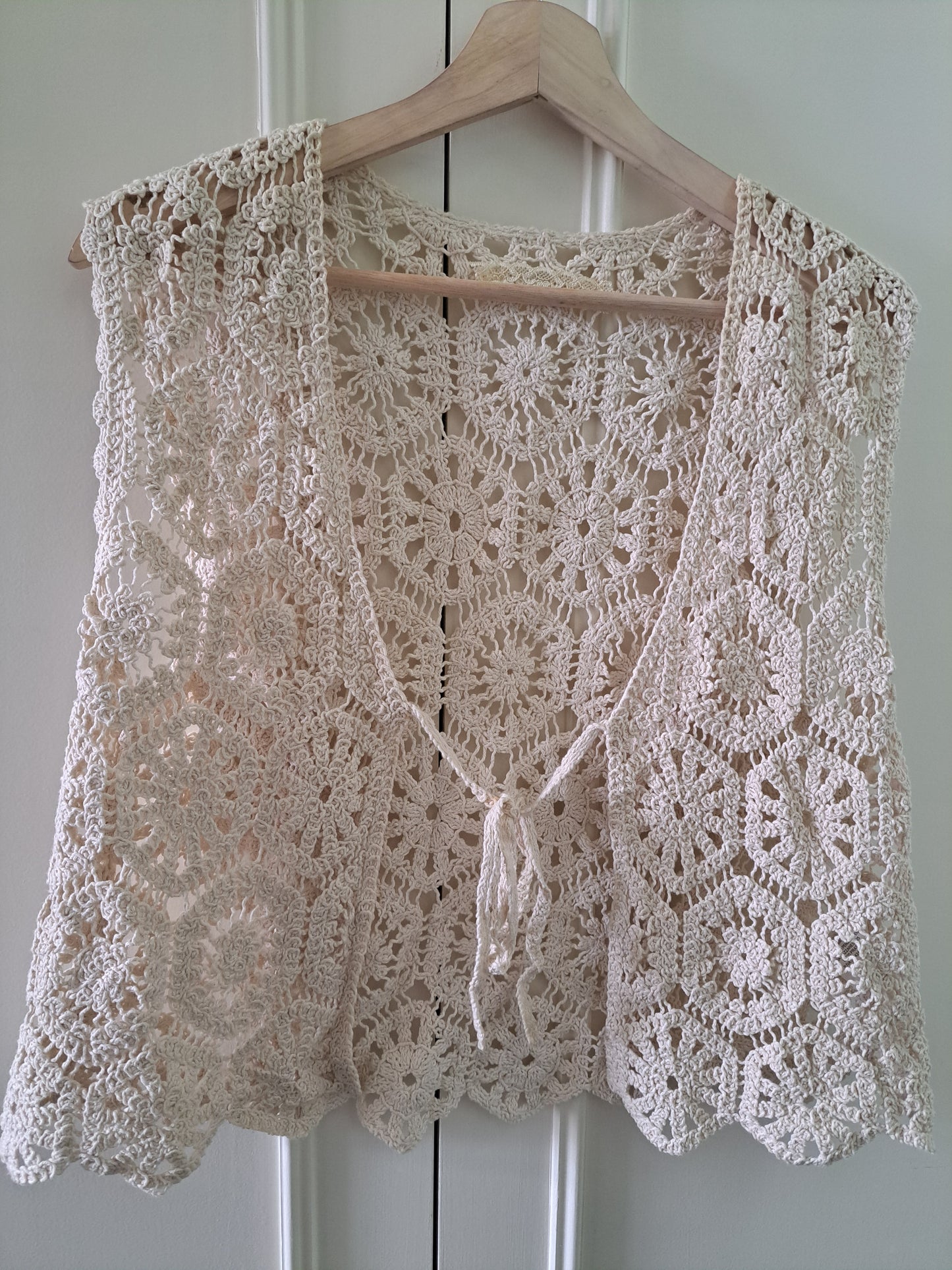 Cream Crochet Knit Waistcoat Boho Festival Open Front Vest