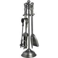 Hand Turned Fire Companion Set In Antique Pewter With Wooden Handles