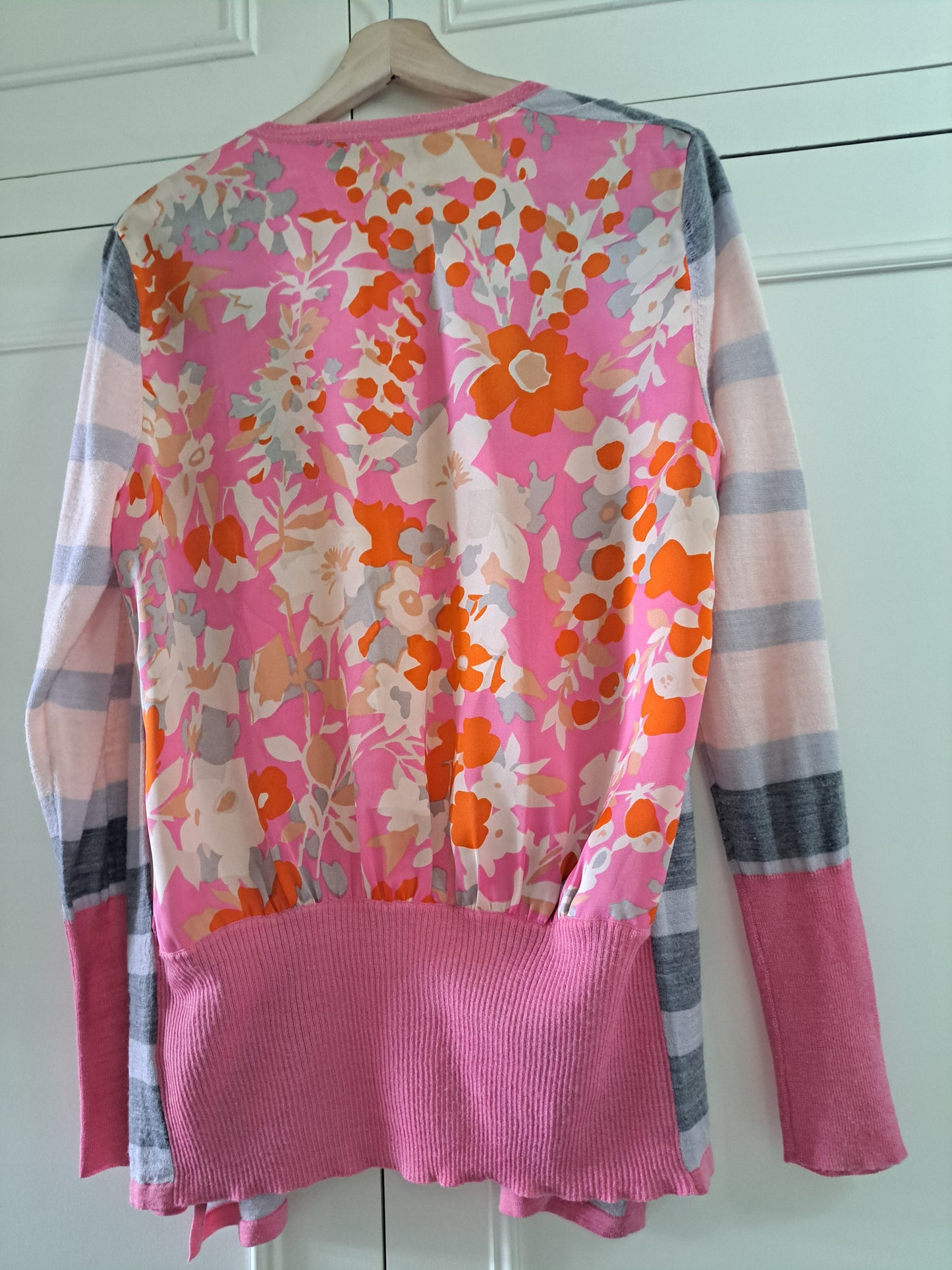 Clements Ribeiro Pink Floral Waterfall Cardigan XL Wool Blend Designer Knit