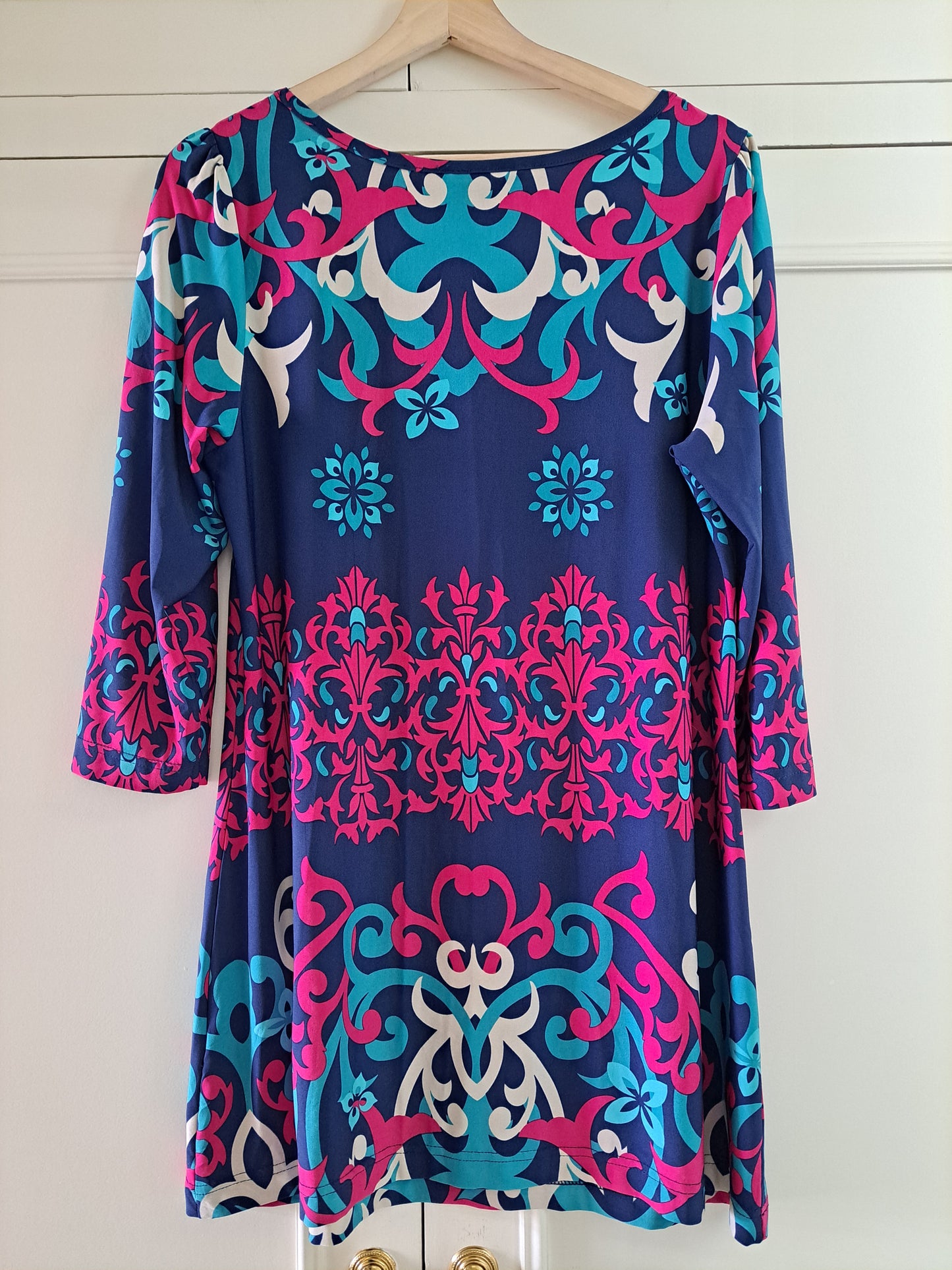 Marisota Multi Print Dress Size 16 Blue Pink Paisley Tunic Stretch Dress