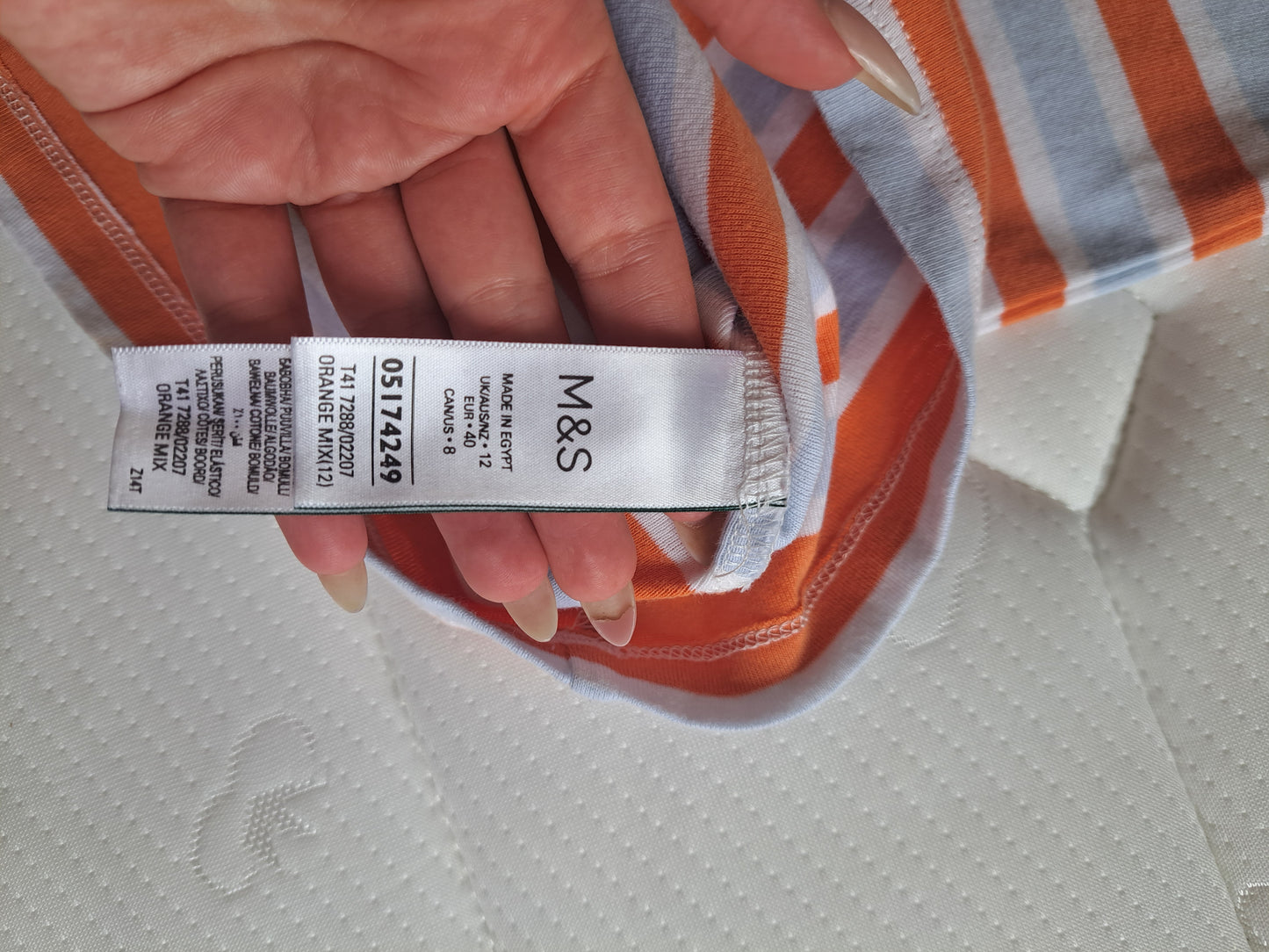 M&S Orange & White & Blue Striped Cotton Top Size 12 Casual Summer T-Shirt