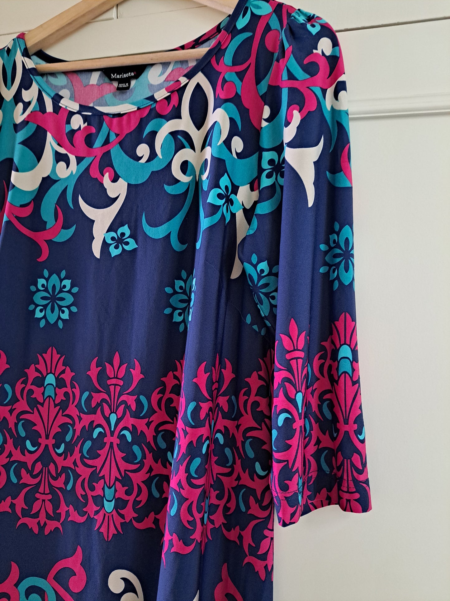 Marisota Multi Print Dress Size 16 Blue Pink Paisley Tunic Stretch Dress