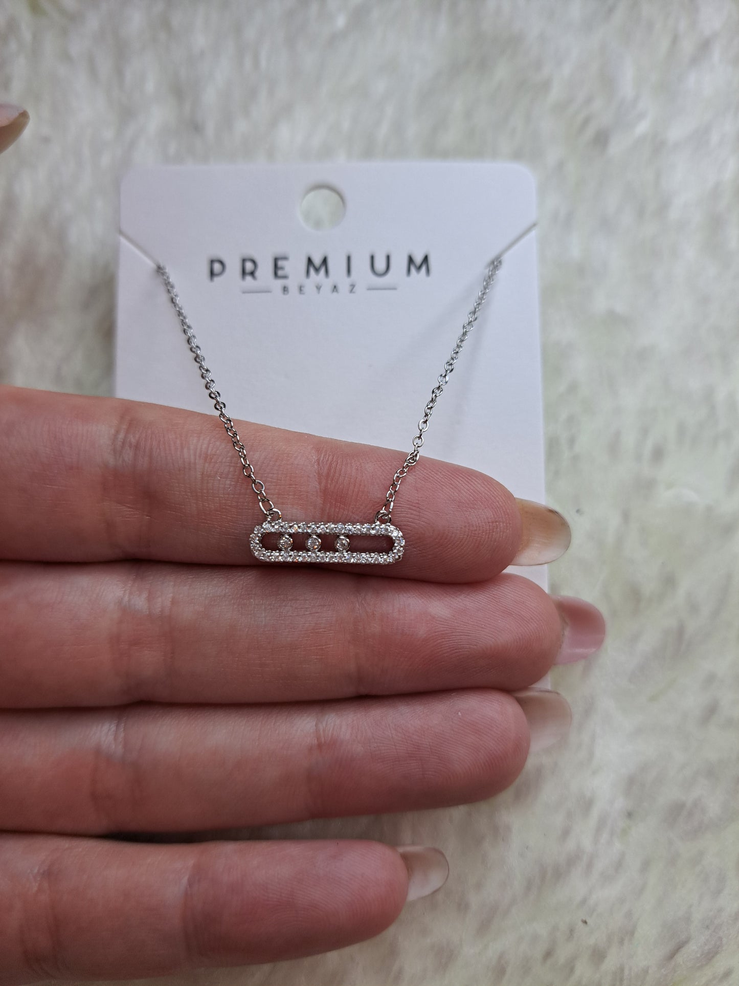 Silver Tone CZ Link Necklace Cubic Zirconia Bar Pendant Minimalist Necklace