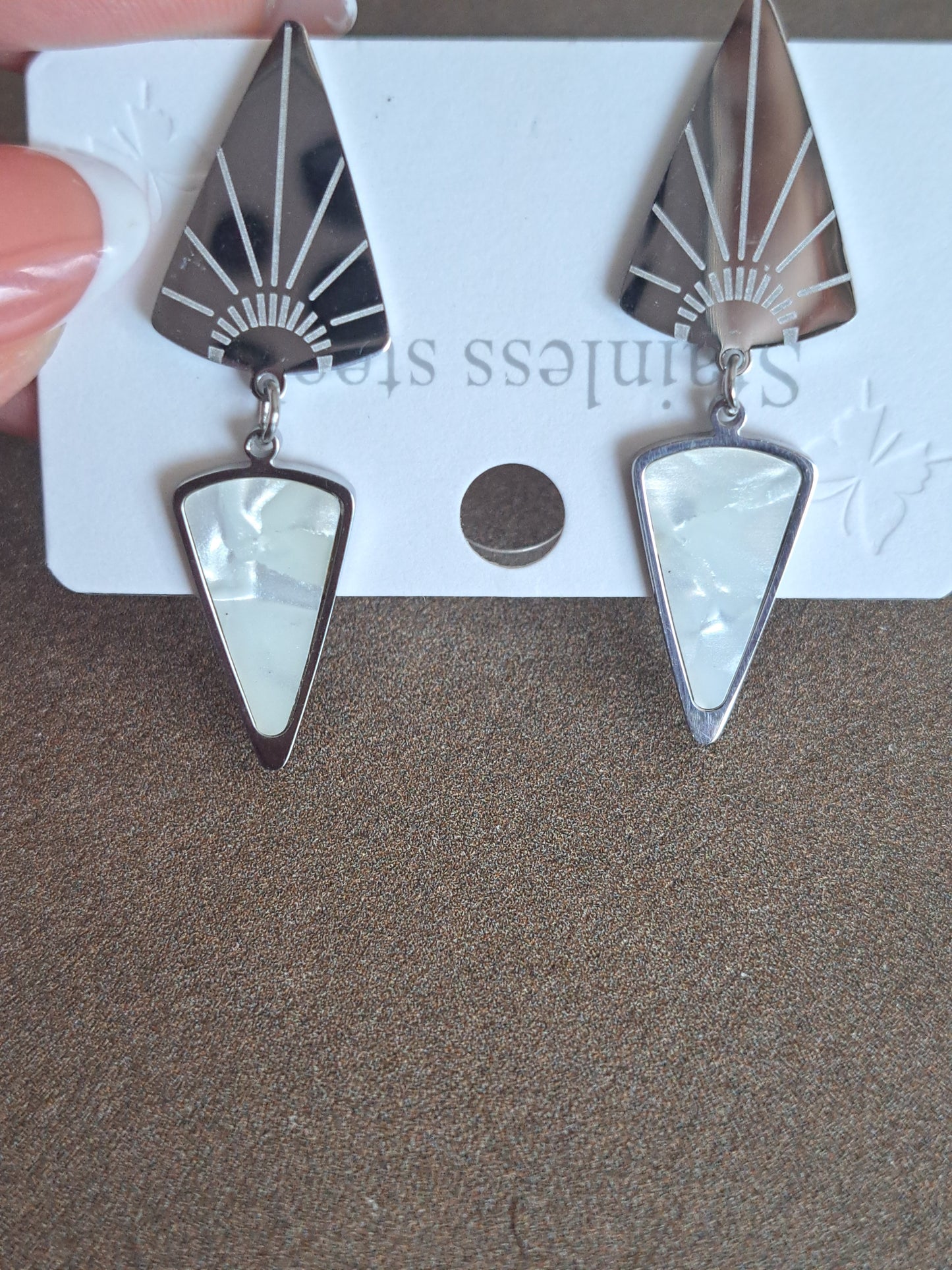 Stainless Steel Geometric Drop Earrings White Shell Effect Statement Earrings