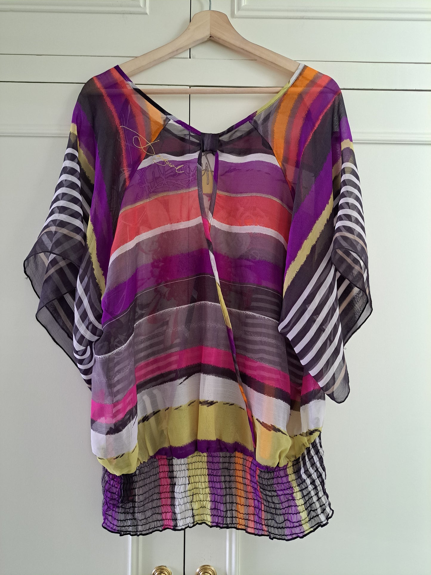 Desigual Colourful Kaftan Top UK XL Sheer Floral Striped Tunic Blouse