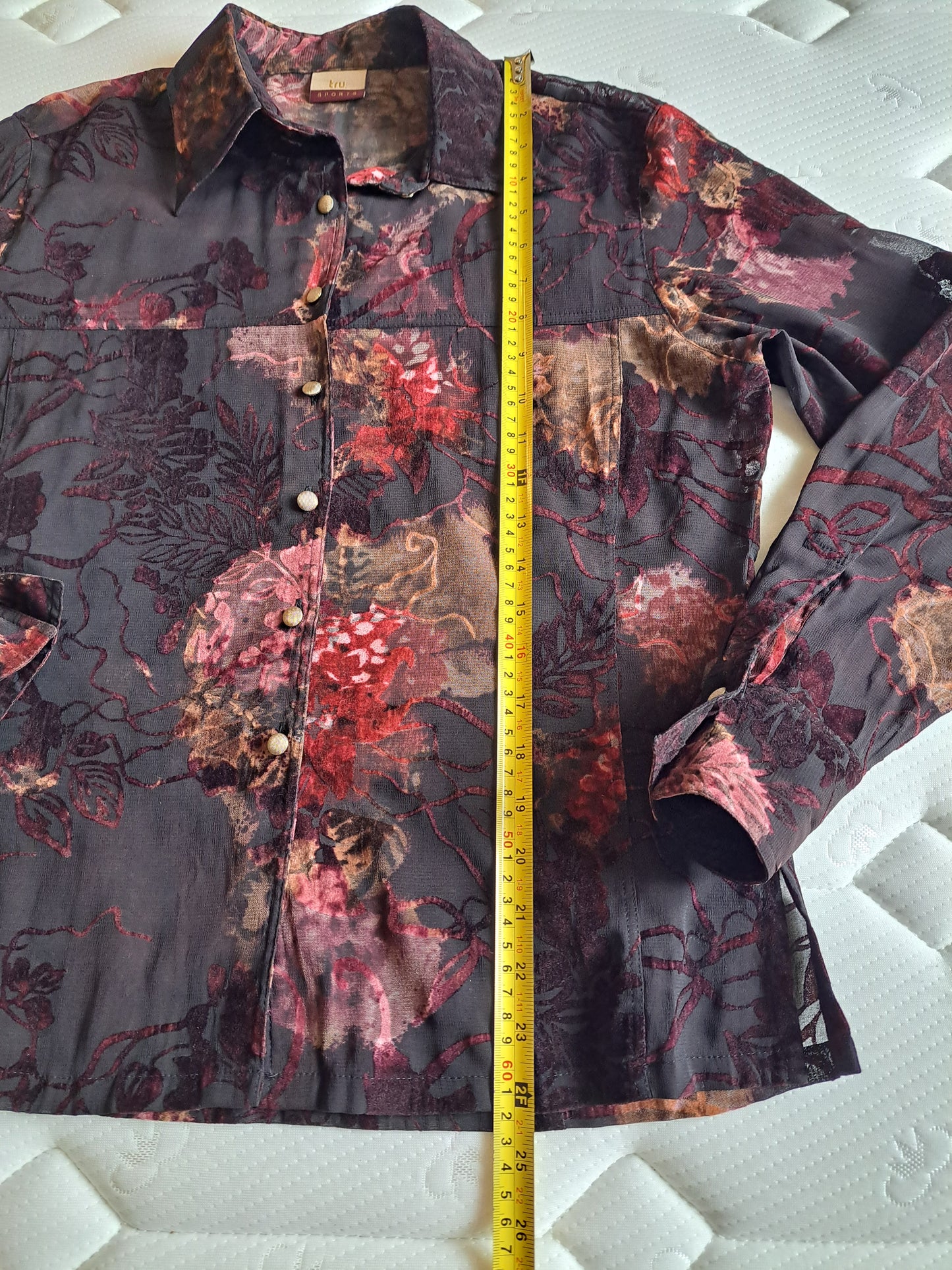 Sheer Floral Blouse Size 38 Black Burgundy Button-Up Shirt Romantic Top