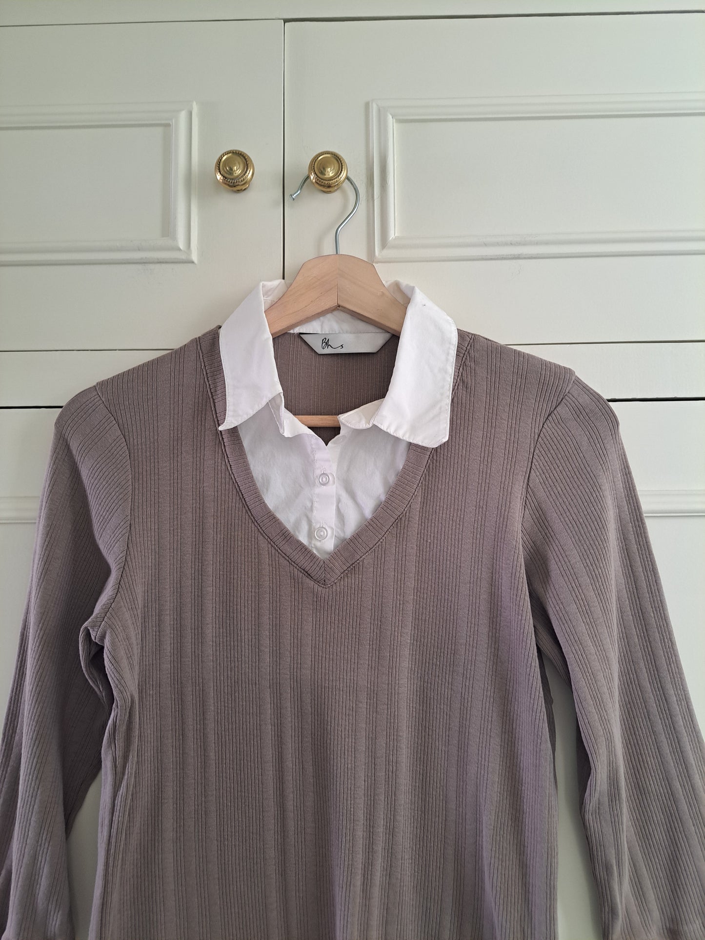 BHS Layered Look Ribbed Top Size 12 Taupe Beige 100% Cotton