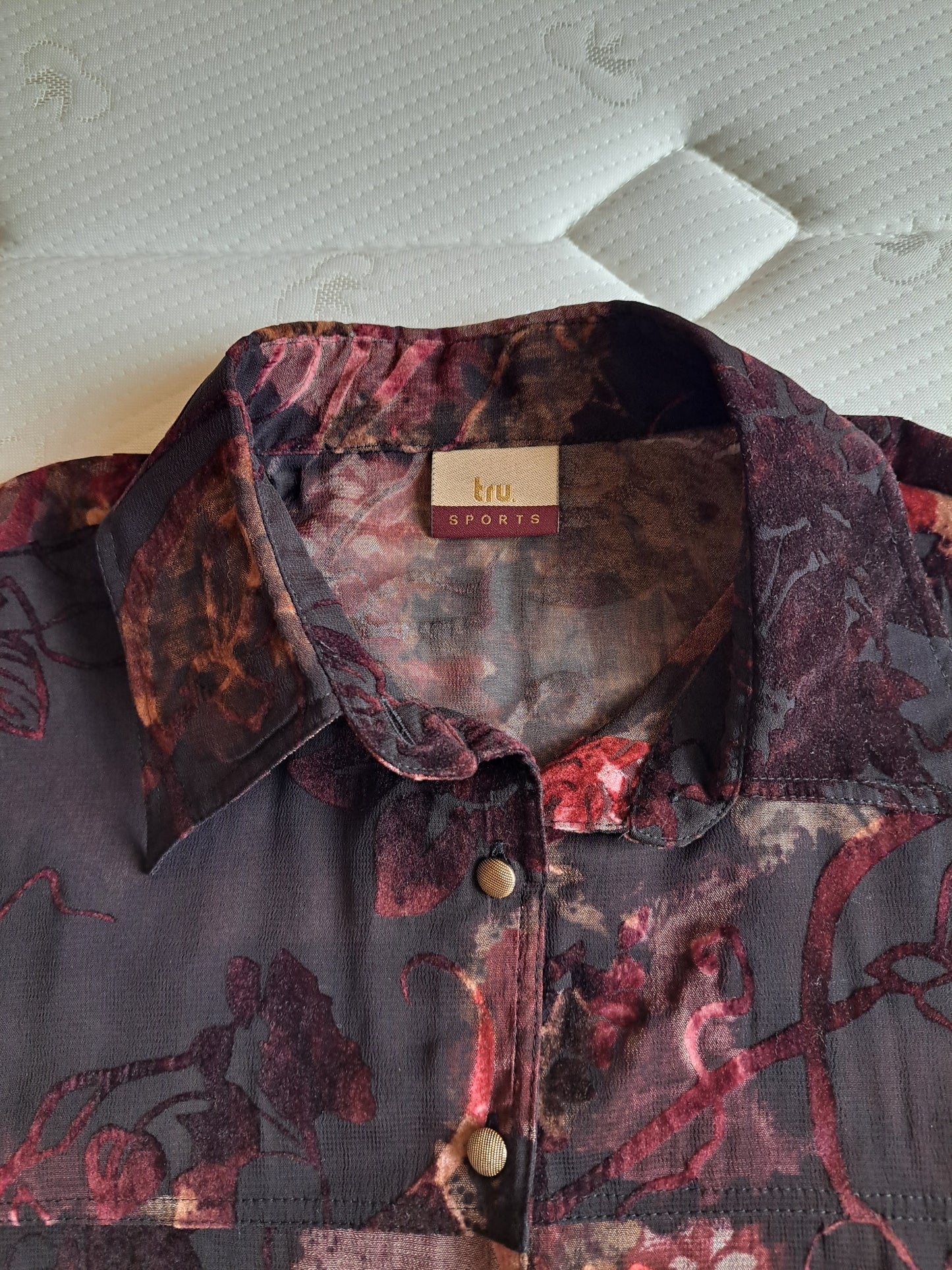 Sheer Floral Blouse Size 38 Black Burgundy Button-Up Shirt Romantic Top