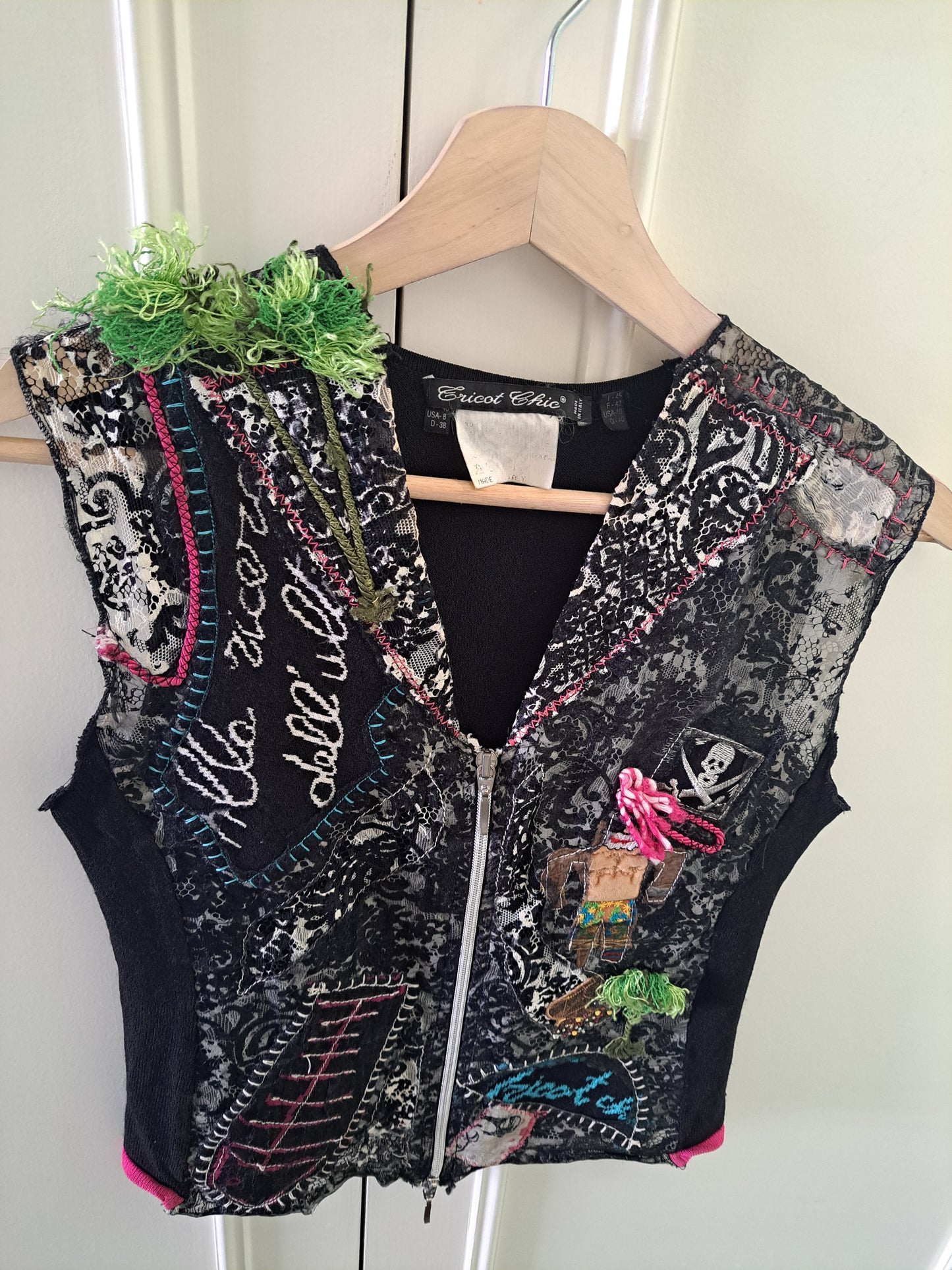 Exot Chic Embellished Zip Waistcoat UK 8 Boho Festival Gothic Vest Top