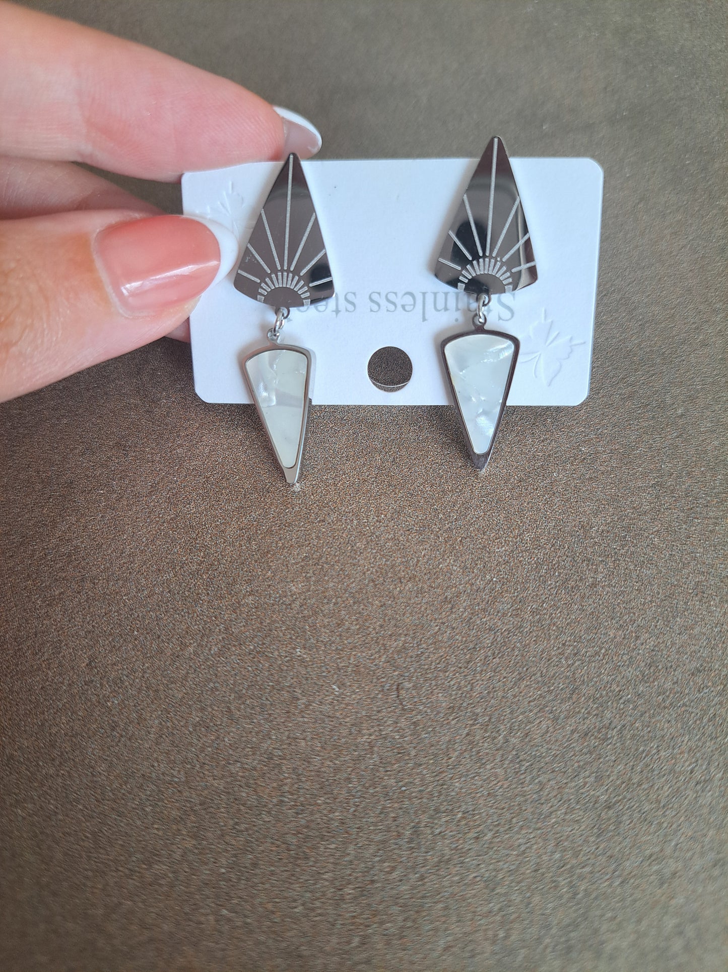 Stainless Steel Geometric Drop Earrings White Shell Effect Statement Earrings