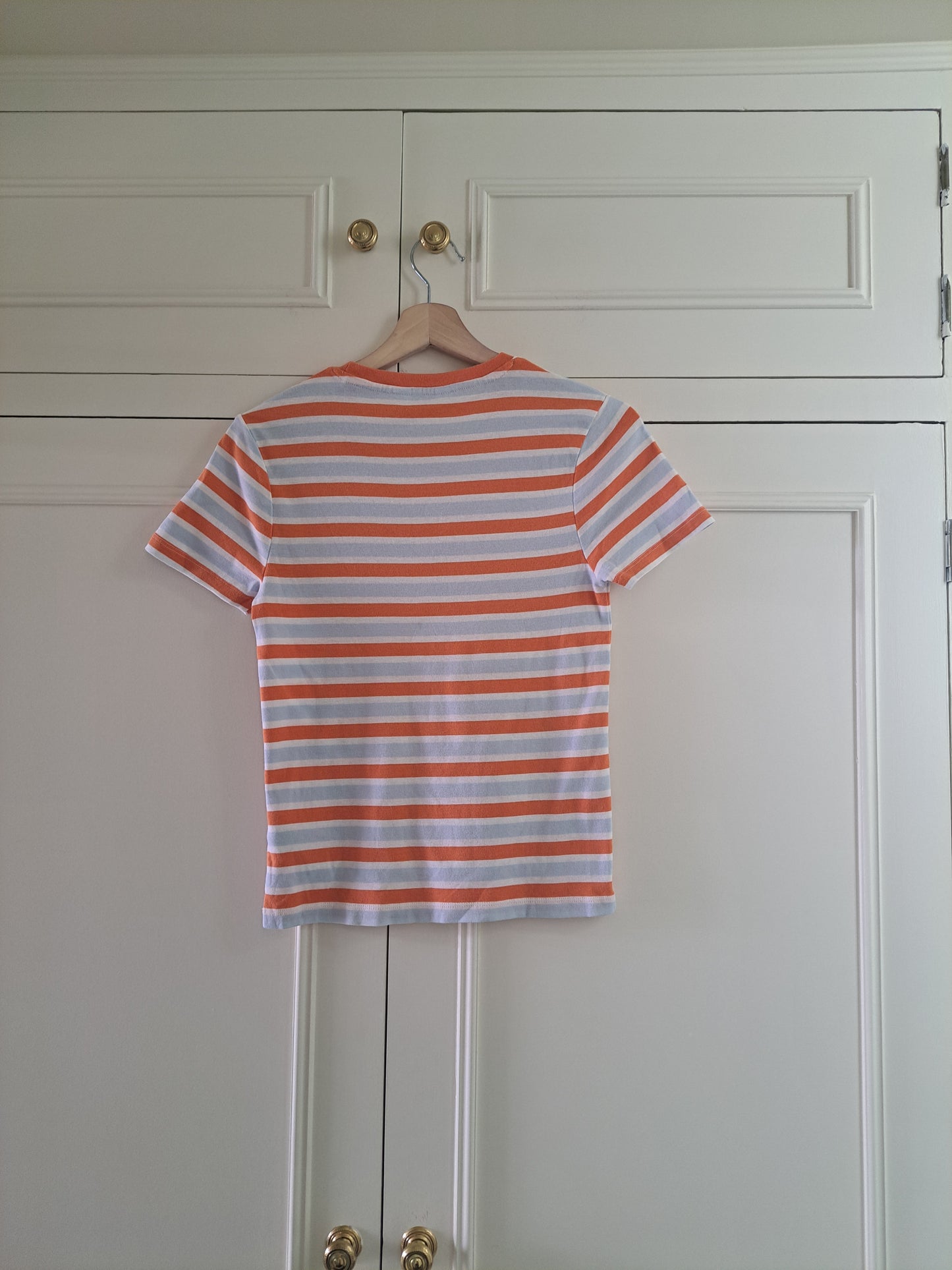 M&S Orange & White & Blue Striped Cotton Top Size 12 Casual Summer T-Shirt