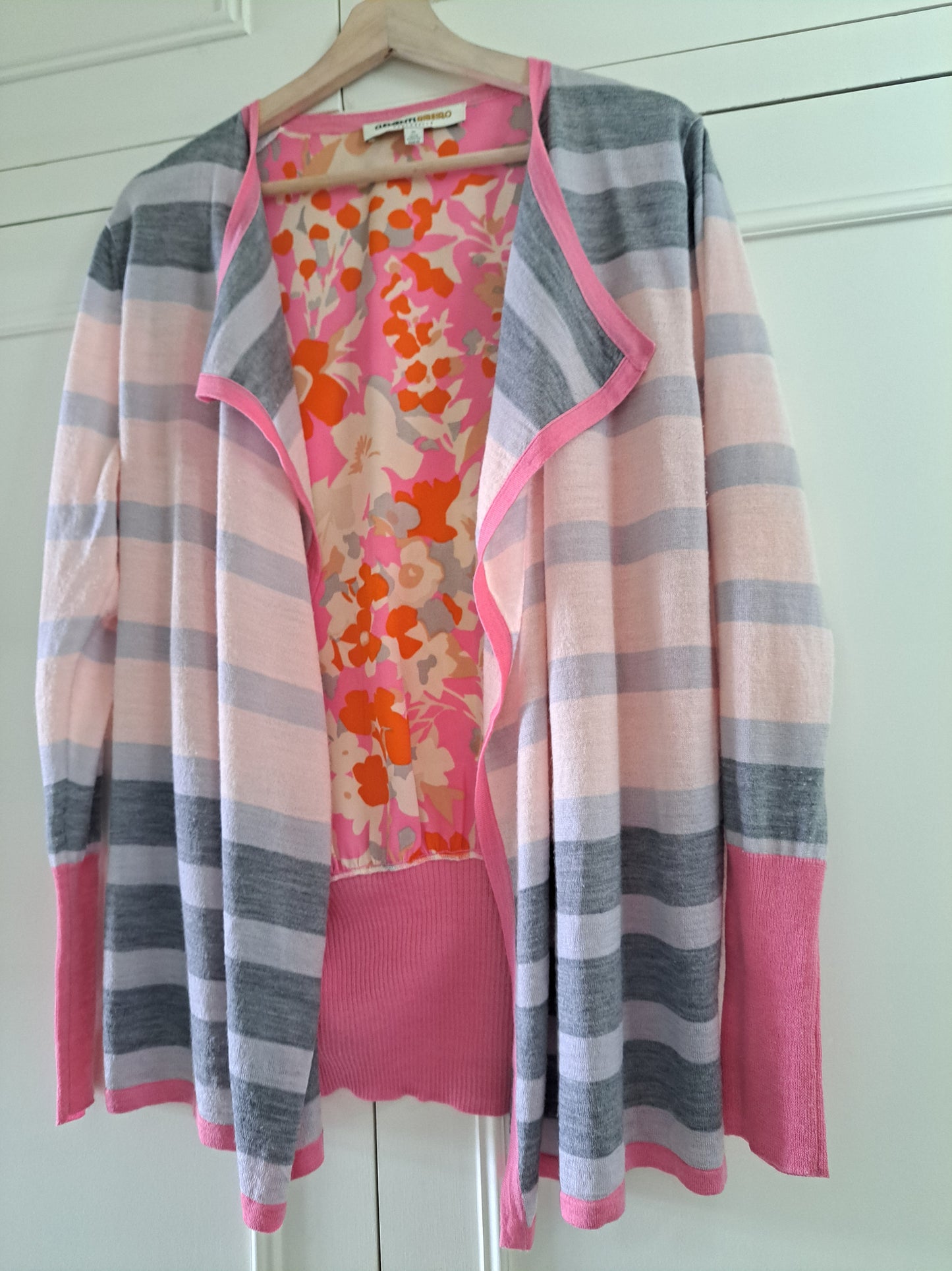 Clements Ribeiro Pink Floral Waterfall Cardigan XL Wool Blend Designer Knit