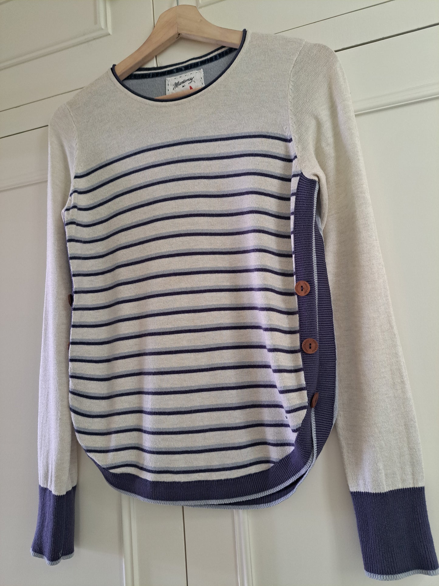 Mantaray Cream & Blue Striped Jumper Size 8 Nautical Button Detail