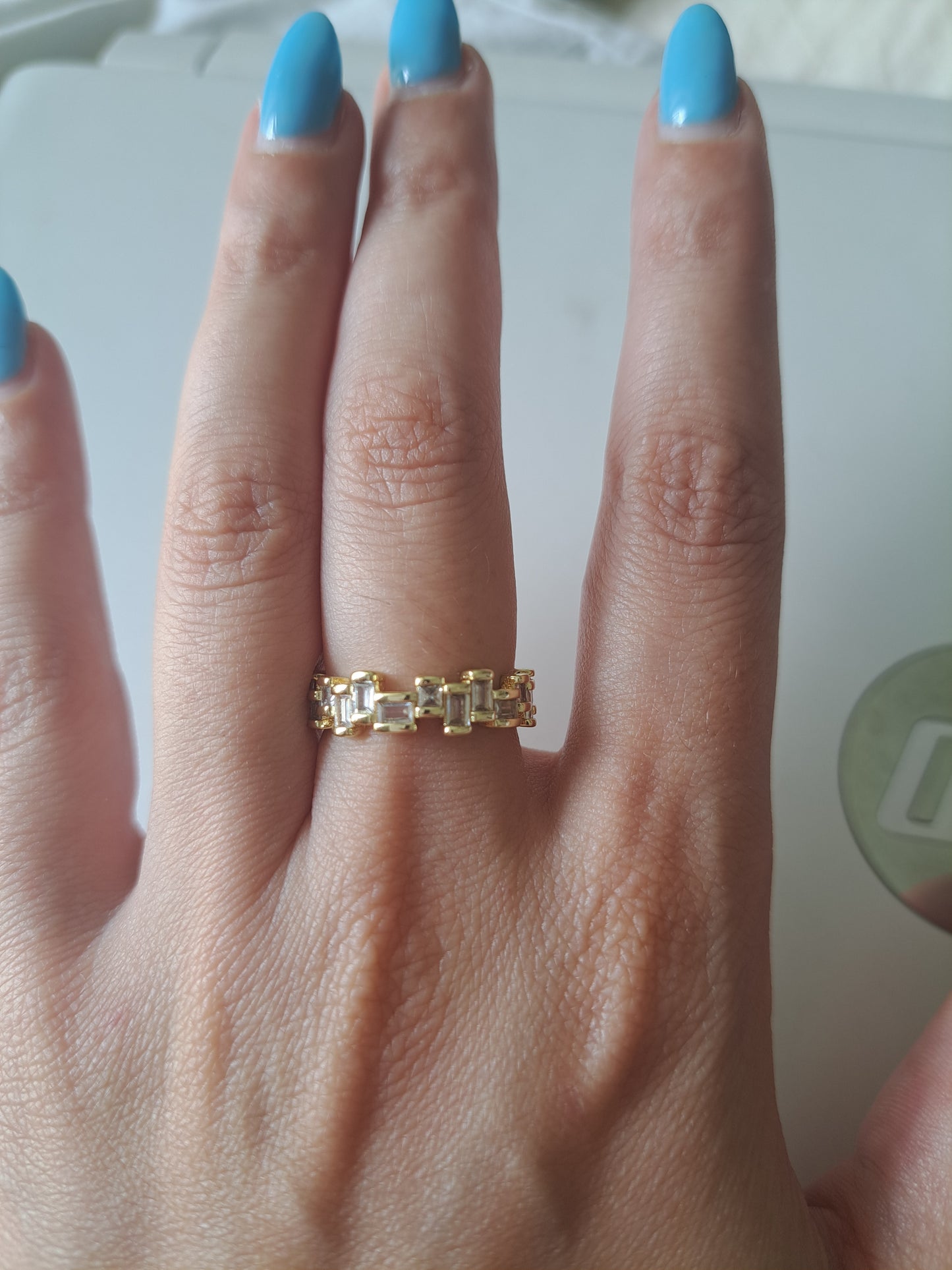 Gold Tone Adjustable CZ Baguette Ring  Cubic Zirconia Open Ring