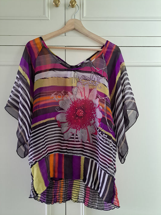 Desigual Colourful Kaftan Top UK XL Sheer Floral Striped Tunic Blouse