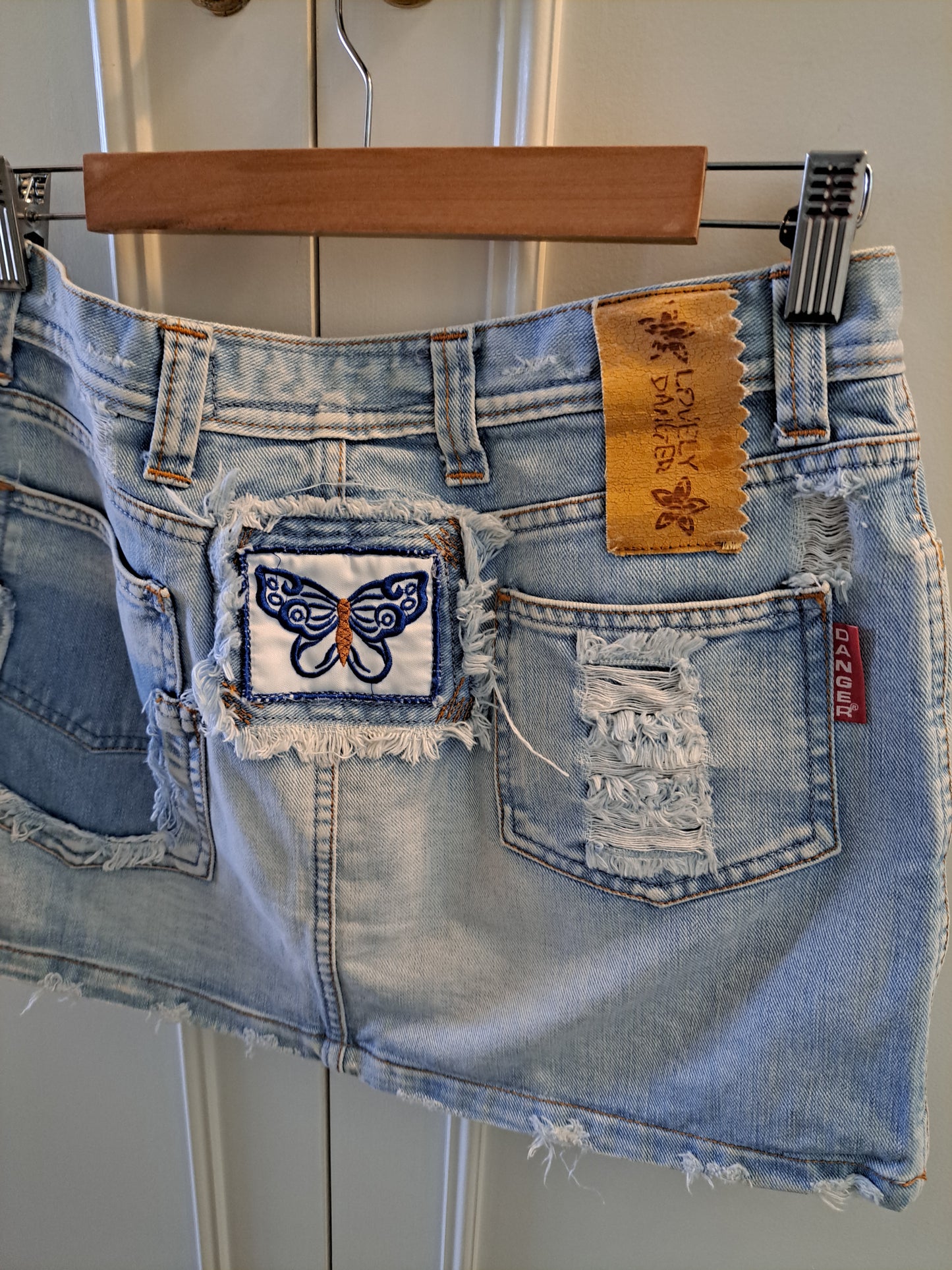 Y2K Distressed Denim Mini Skirt Size 30/44 Light Wash Patchwork Mini Skirt