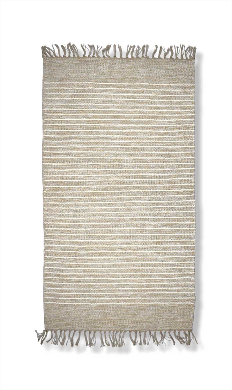 Beige striped rug with fringes on a white background