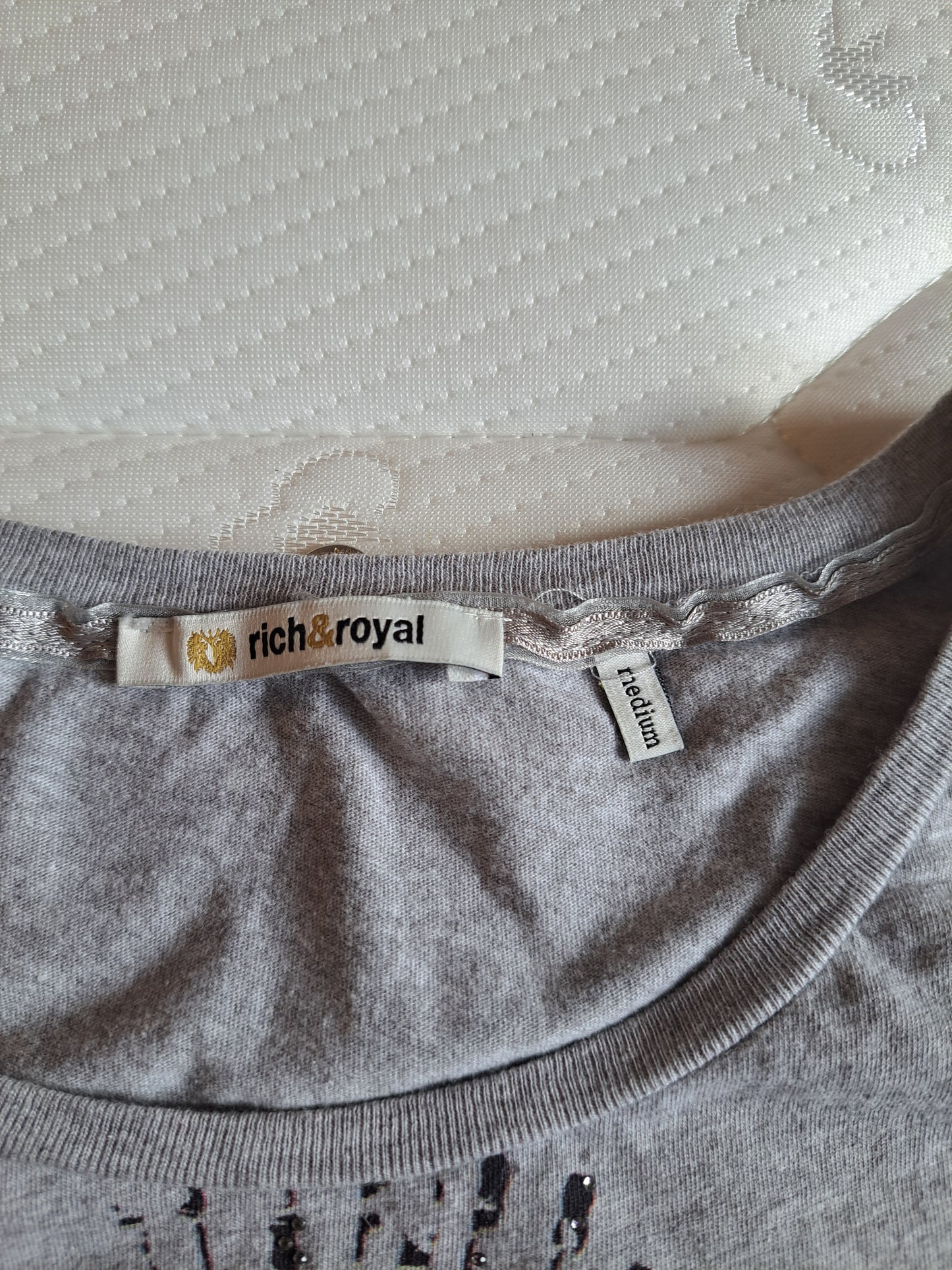 Rich & Royal Grey Graphic T-Shirt Size M Embellished Cotton Tee