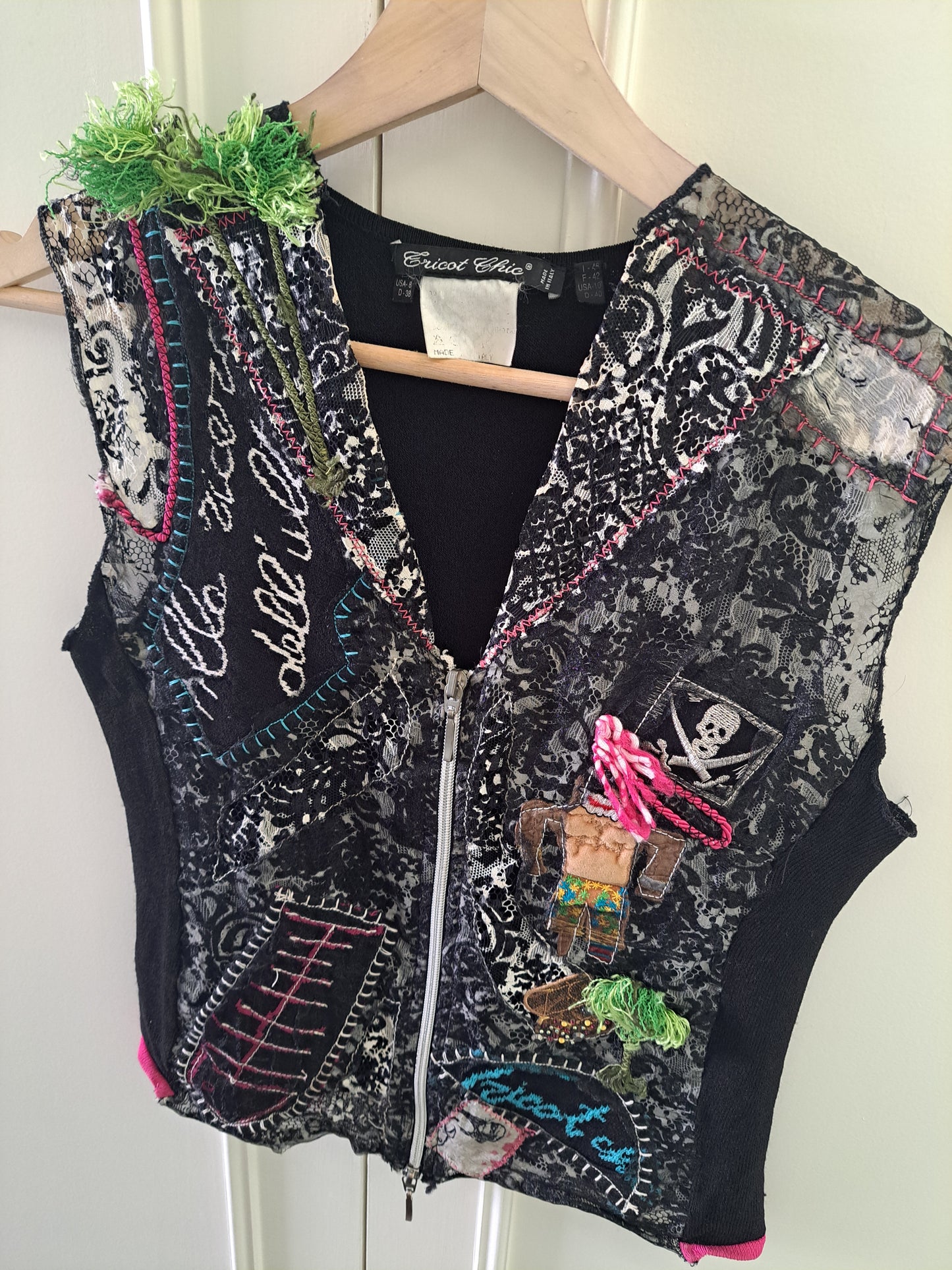 Exot Chic Embellished Zip Waistcoat UK 8 Boho Festival Gothic Vest Top