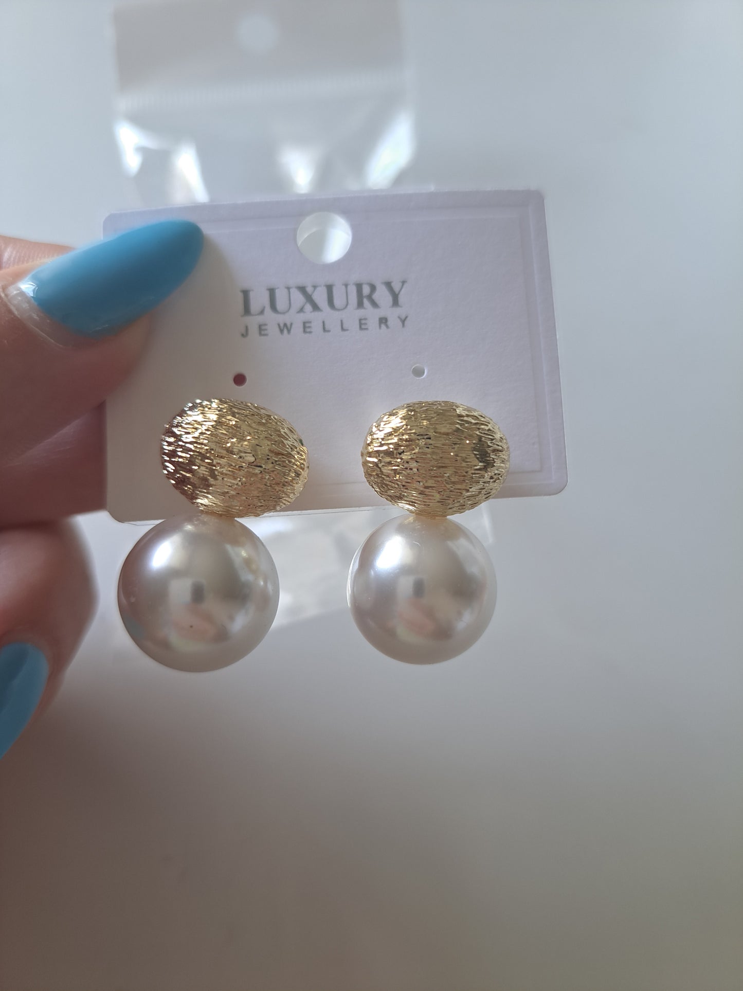 Gold Tone Pearl Drop Stud Earrings Classic Statement Elegant Fashion Jewellery