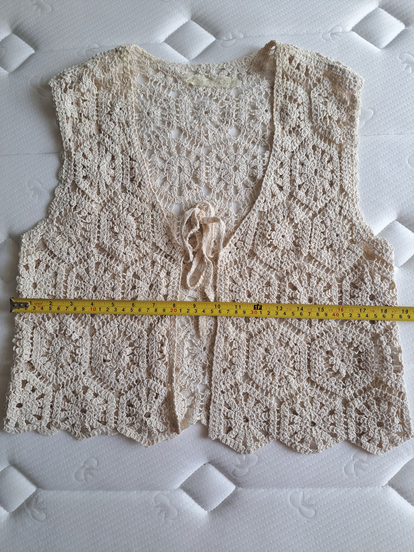 Cream Crochet Knit Waistcoat Boho Festival Open Front Vest